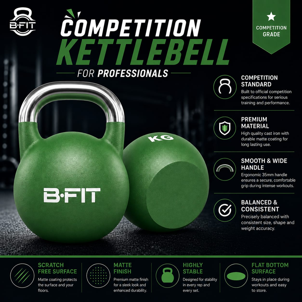 B Fit Matte Finish Competition Kettlebell 28 Kg Weight Workout Gym Equipment and Strength training sets for Women and Men for Home Gym - Suitable for Repetition Workouts