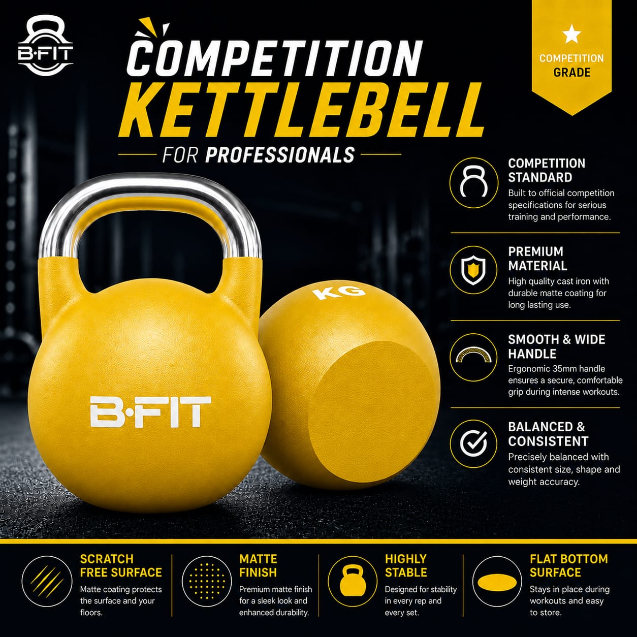 B Fit Matte Finish Competition Kettlebell 16 Kg Weight Workout Gym Equipment and Strength training sets for Women and Men for Home Gym - Suitable for Repetition Workouts