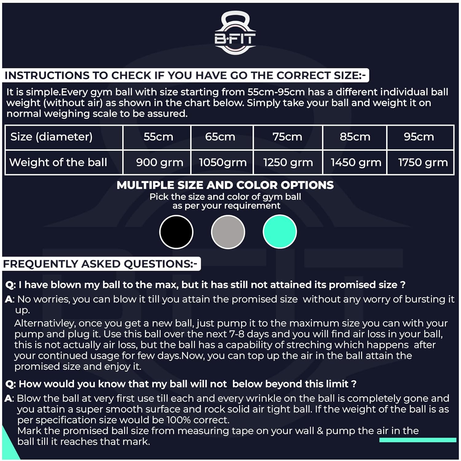 B Fit Exercise Printed Heavy Duty Teal Commercial Gym Ball 65-95 Cm- Non-Slip Stability Ball - Anti Burst Yoga Ball