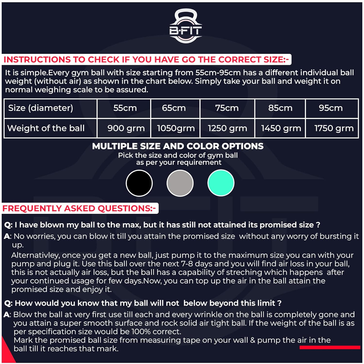 B Fit Exercise Printed Heavy Duty Black Commercial Gym Ball 55-95 Cm - Non-Slip Stability Ball - Anti Burst Yoga Ball