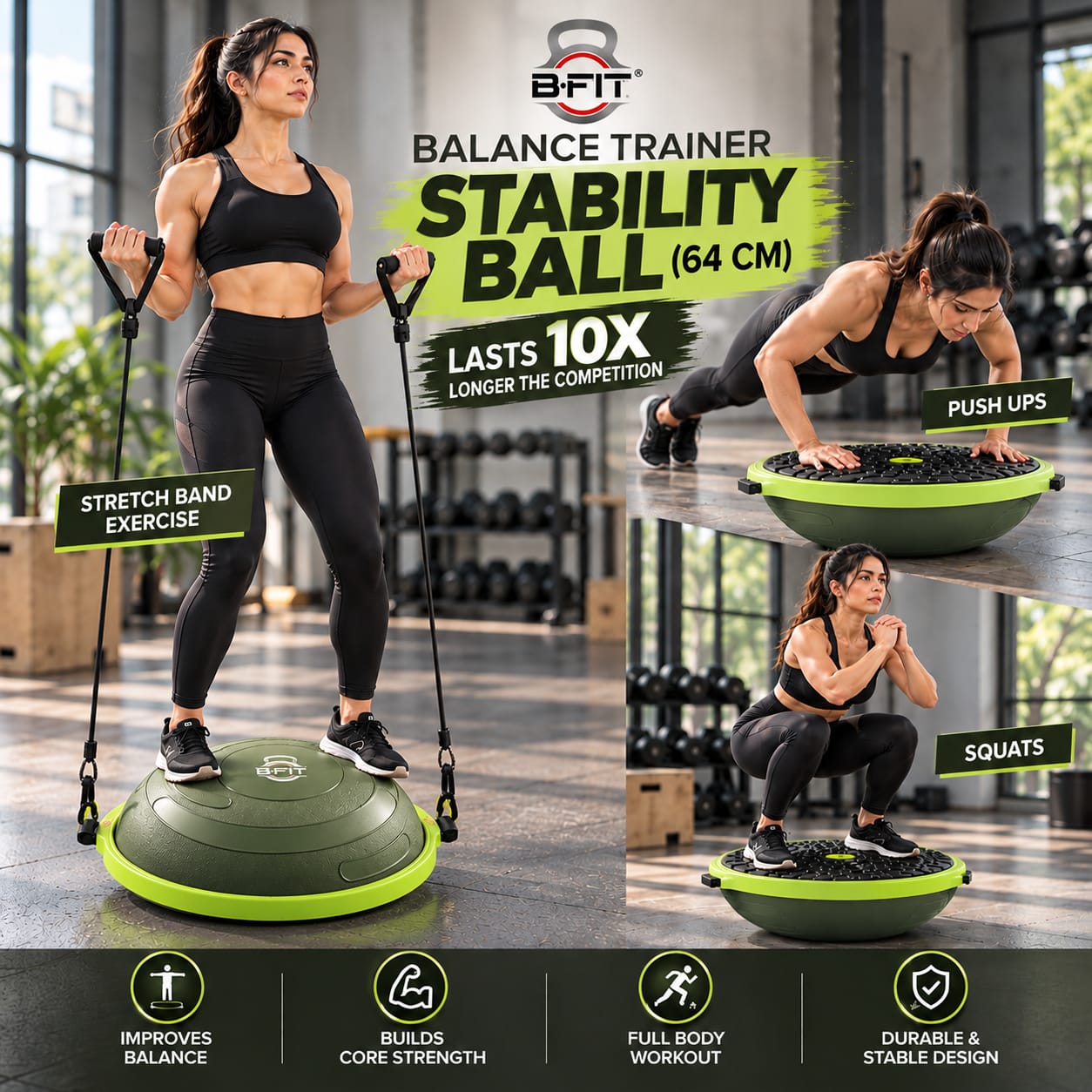 B FIT Balance Trainer Stability Half Ball  Bosu Ball  Green Color Size 64 Cm with Pump and Tubes