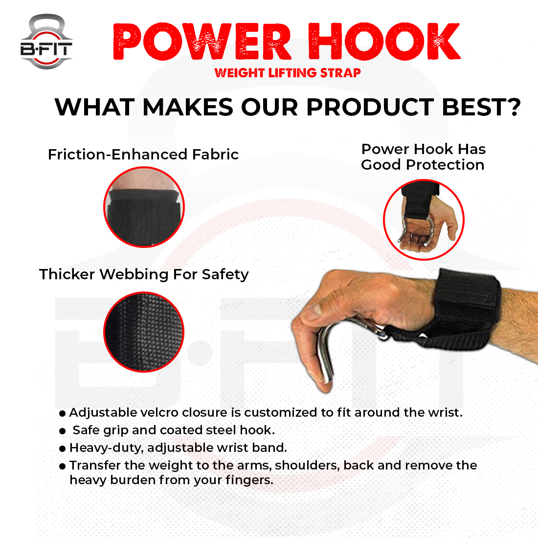 B Fit Weightlifting Grip Hooks Heavy Duty Wrist Wraps Support Straps Power Weight Lifting Gloves Bodybuilding Deadlifts Pull Ups Home Gym Workout