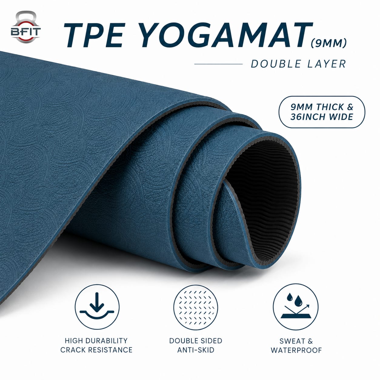B Fit Extra Wide 36x68 Inch 9 MM Thick Premium TPE Yoga Mat with Alignment Printed Dark Blue -Black Color - Classic Pro Yoga Mat Eco Friendly Non Slip Fitness Exercise Mat with Smart Carry Bag-Workout Mat for Yoga Pilates and Floor Exercises
