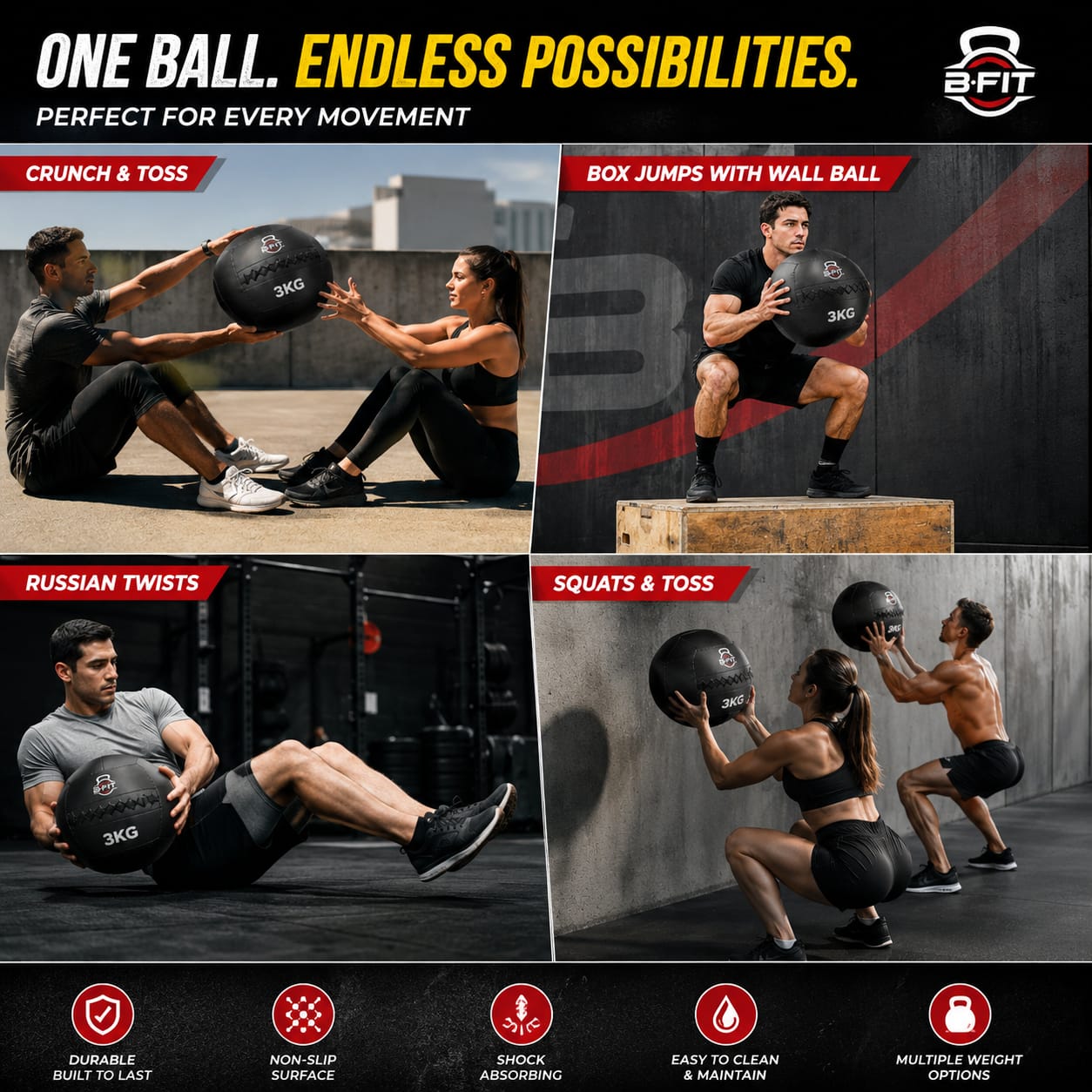 B fit Wall Ball 3 Kg Weighted Exercise Ball for Dynamic Home Gym HIIT Workouts Build Strength Power Endurance Cardio Fitness Soft Leather Heavy Duty Material Comfortable Grip Balanced Weight