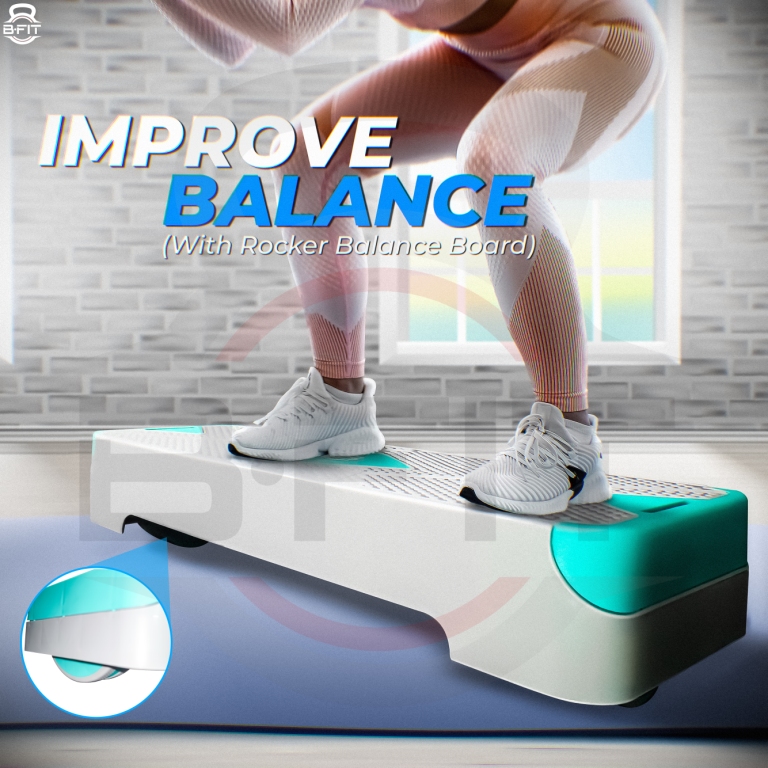 B Fit 2-in-1 Adjustable Aerobic Step Platform Fitness Exercise Stepper with Rocker Balance Board Legs for Home Workout Step Exercise Balance Training
