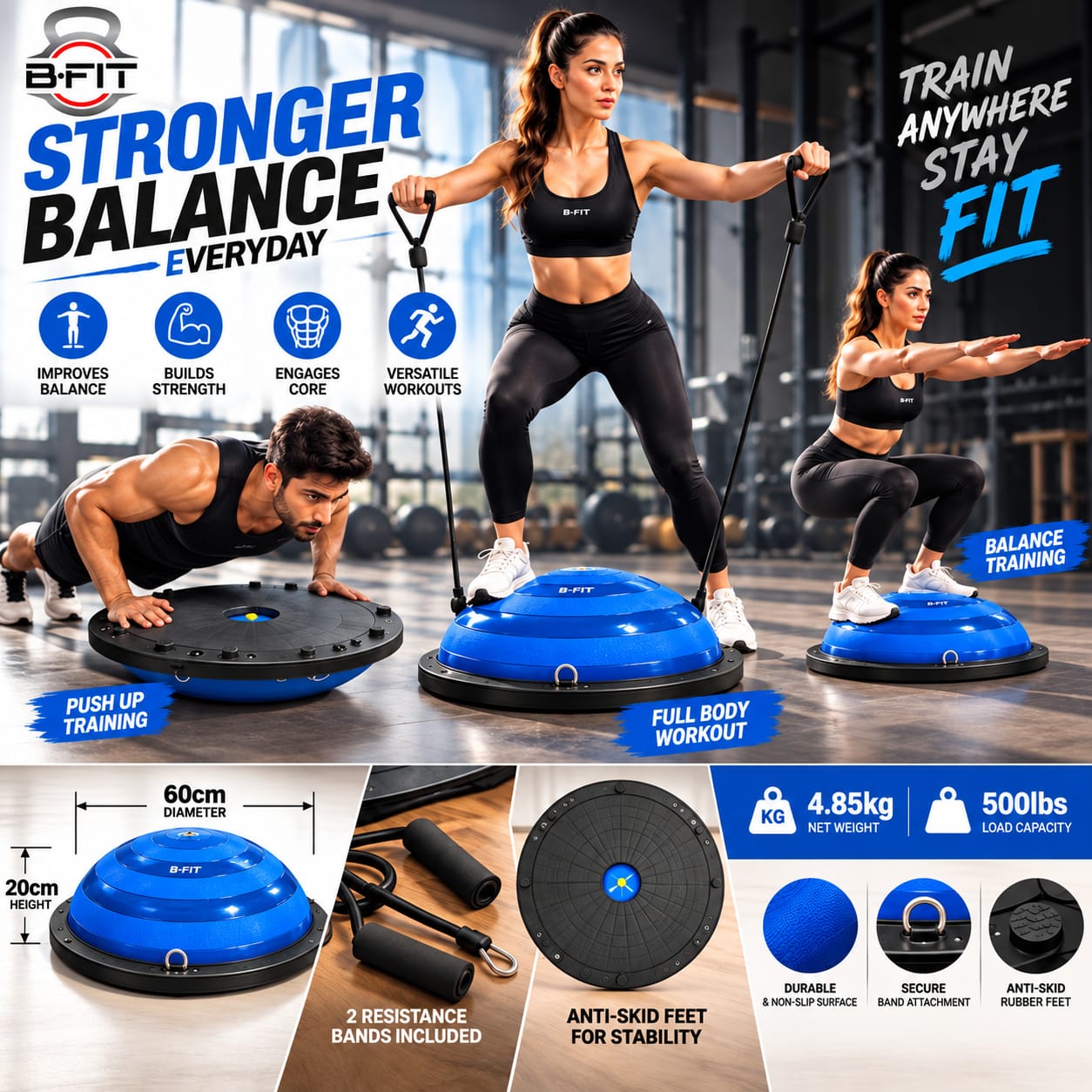 B FIT Balance Trainer Stability Half Ball  Bosu Ball Blue Colour 60 Cm with Pump and Tubes