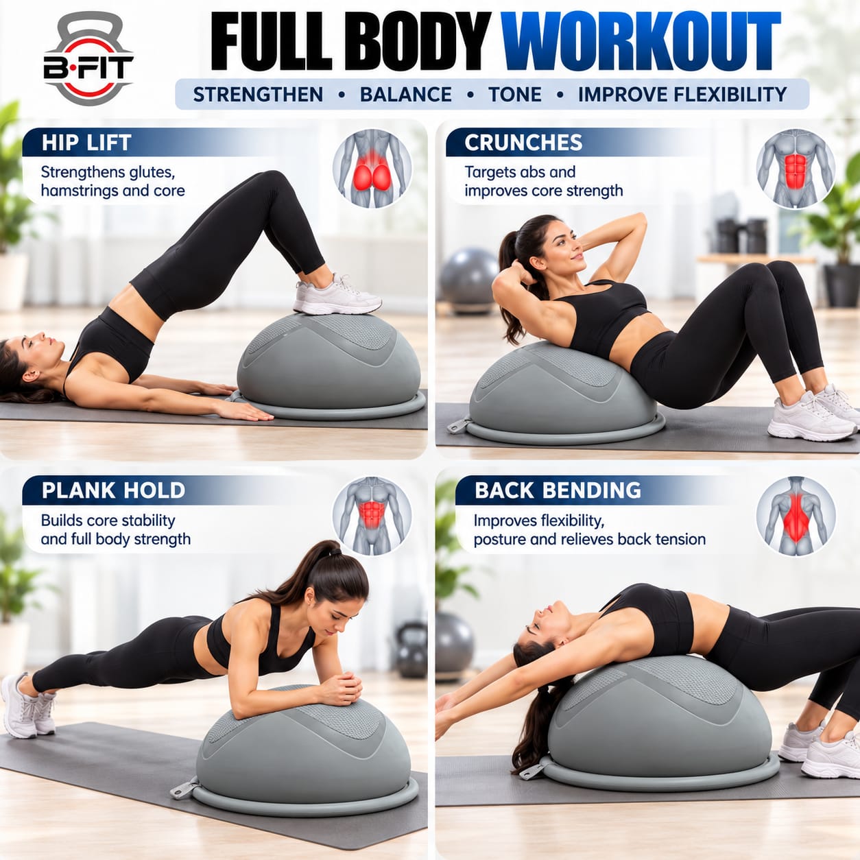 B FIT Balance Trainer Stability Half Ball  Bosu Ball Grey Colour 54 Cm with Pump and Tubes