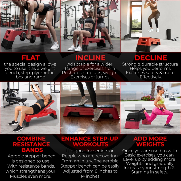 B Fit Aerobic Step Platform Size 120x30x20cm Multifunctional Aerobic Step Platform with 2 Riser Adjustable Platform Non-Slip Surface Exercise Step Platform Color Black and Red