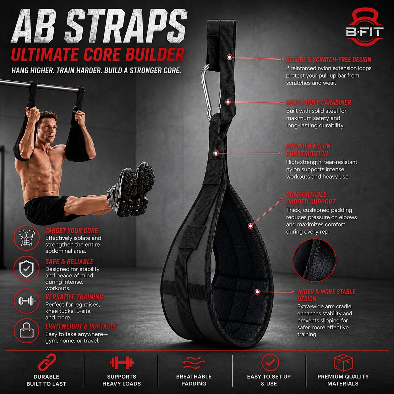 B Fit Fitness Hanging Close Loop Design Ab Straps for Pull Up Bar Core Strength Training - Soft Padded Exercise Straps for Ab Swing Leg Raises 2 Hang Bar Strap with 2 Steel Carabiners - Abs Equipment for Home Gym