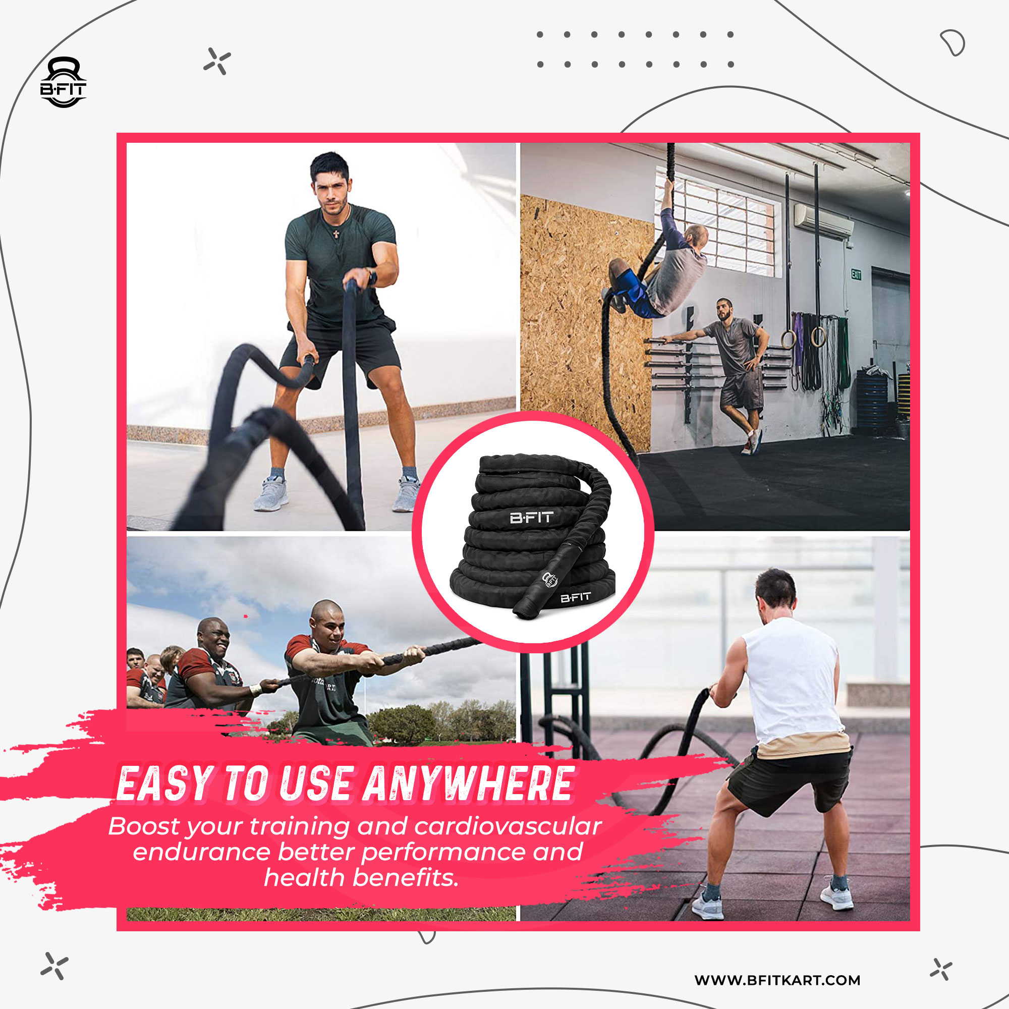 B Fit Battle Rope With Sleeves Length 33 Feet 15 Thick with Anchor Kit Full Body Workout Equipment to Lose Fat Boost Strength Fast Efficient Heavy Rope