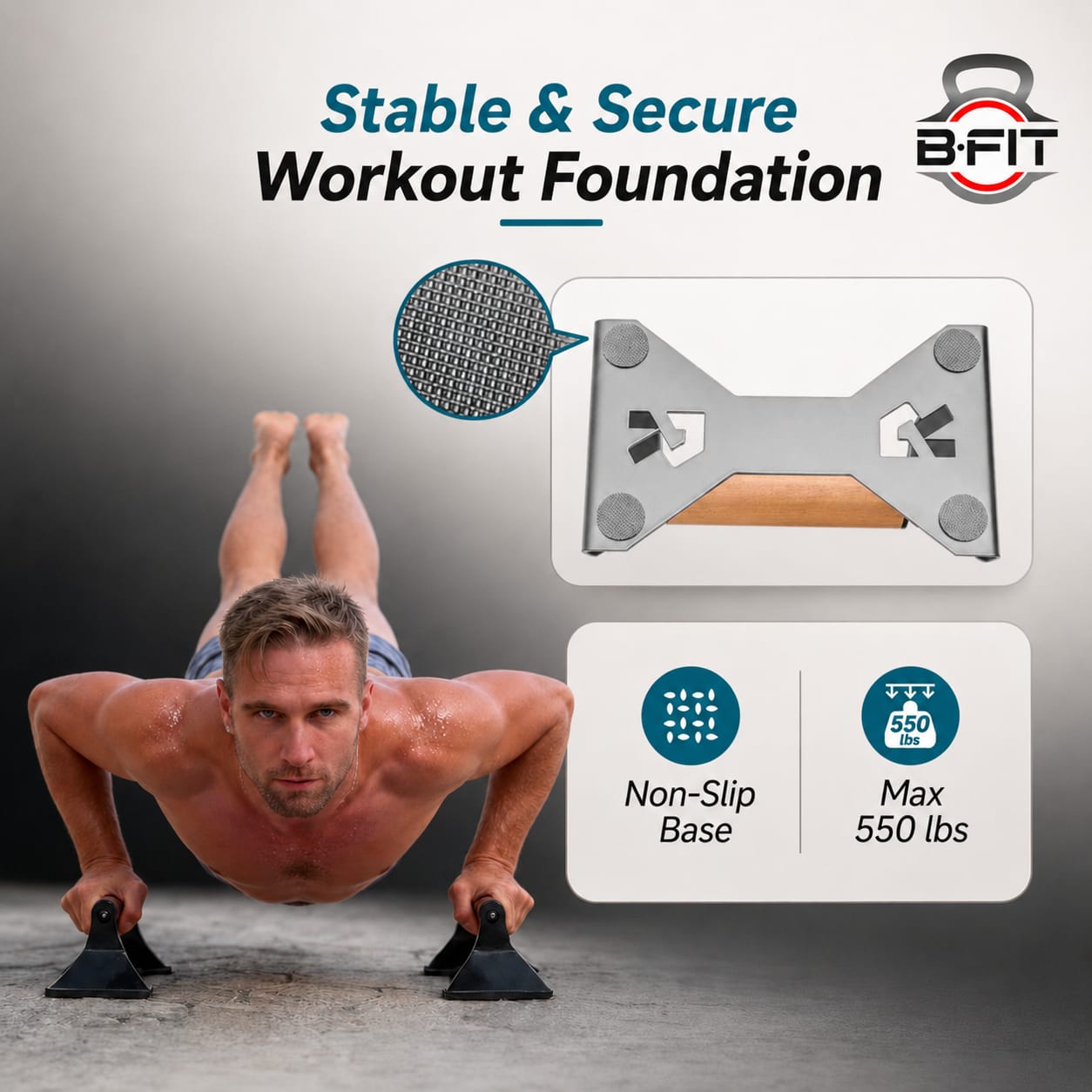 B Fit Push Up Handles with Ergonomic Wooden Handles Heavy-Duty Steel - Beech Wood