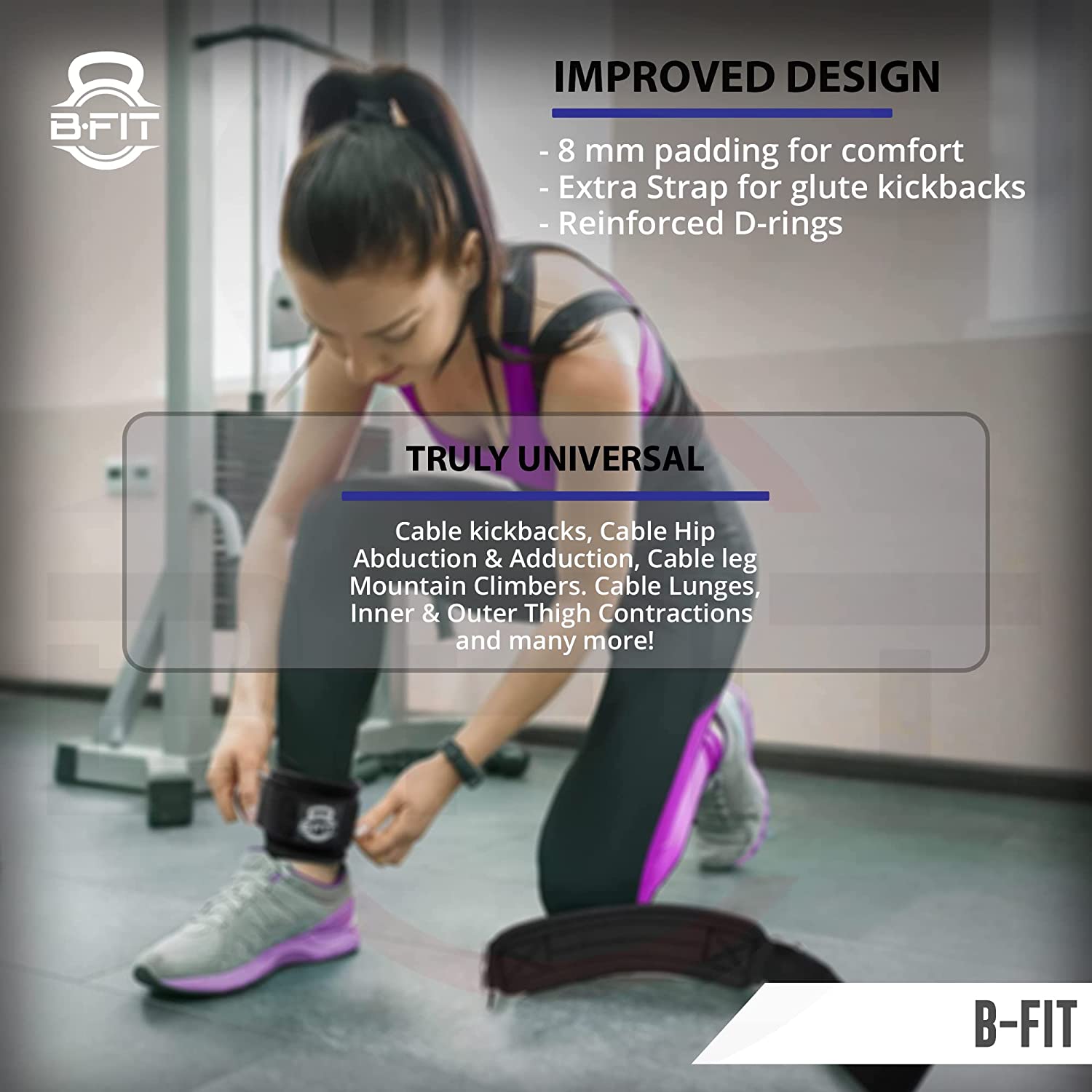 B Fit Ankle Strap Neoprene Padded Fitness Wrist Cuff with D Ring High Strength Exercises Belt Gym Pulley Strap for Cable Machines One Pair