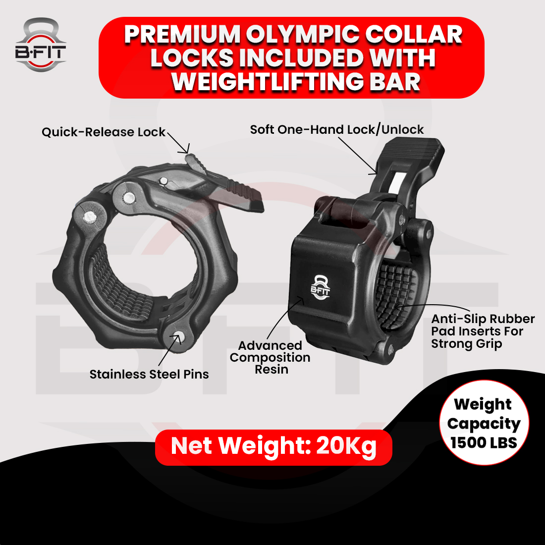 B Fit Olympic Barbell 7 Feet for Home Commercial Gym 1500-Pound Capacity With Collars