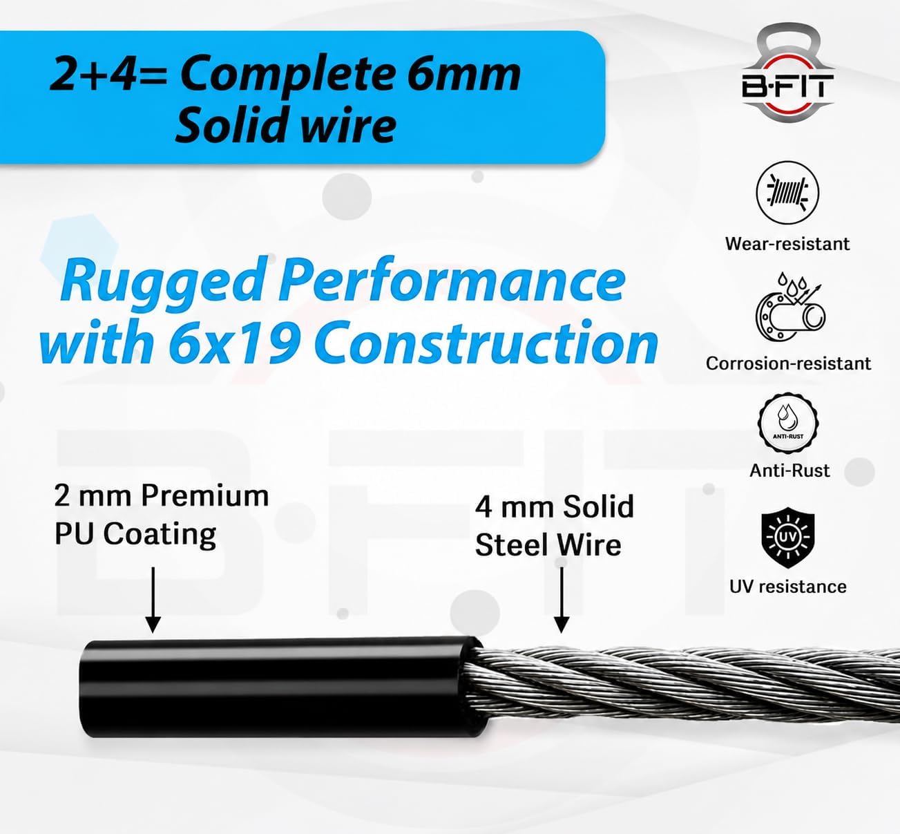 B Fit Gym Wire Rope 6 MM Thick length Material PU Polyurethane Coated Black Color Cable Inside Steel
