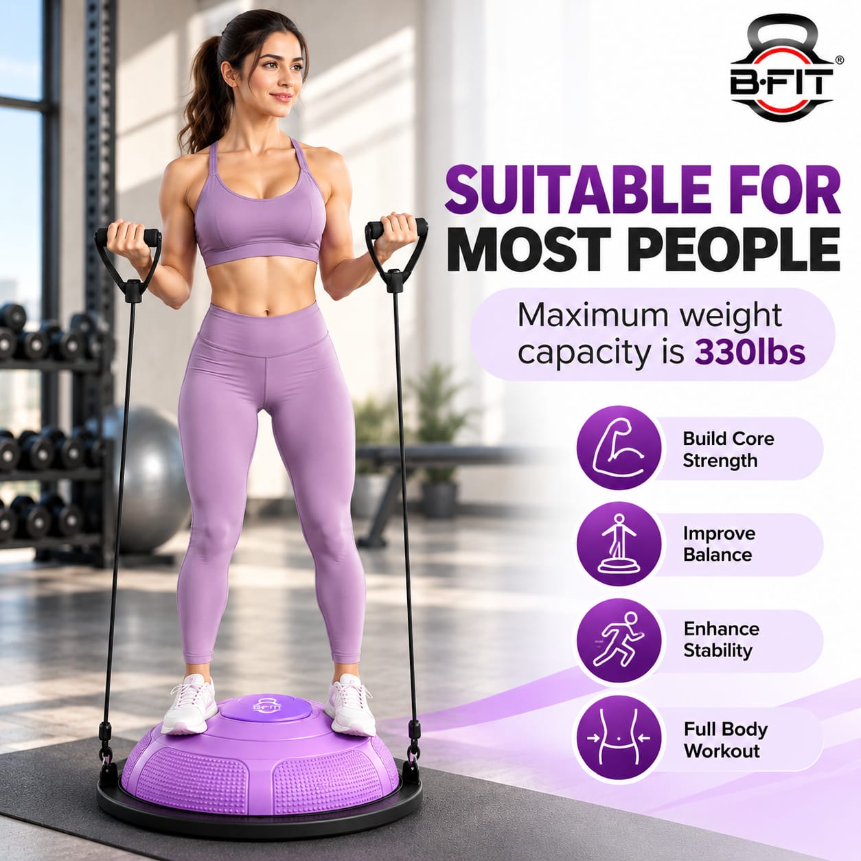 B Fit Balance Trainer Stability Half Ball 46 Cm with Pump - Improve Core and Ab Strength With Full Body Home Gym Workouts Or Fitness Training