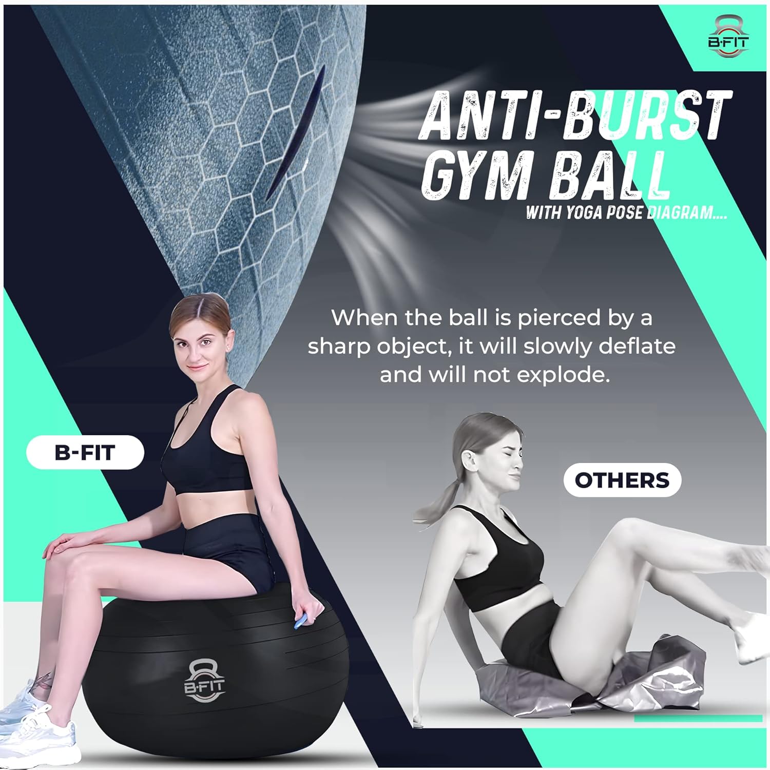 B Fit Exercise Printed Heavy Duty Teal Commercial Gym Ball 65-95 Cm- Non-Slip Stability Ball - Anti Burst Yoga Ball