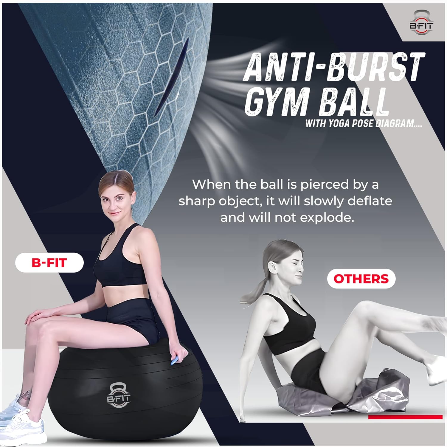 B Fit Exercise Printed Heavy Duty Silver Commercial Gym Ball 55-95 Cm - Non-Slip Stability Ball - Anti Burst Yoga Ball