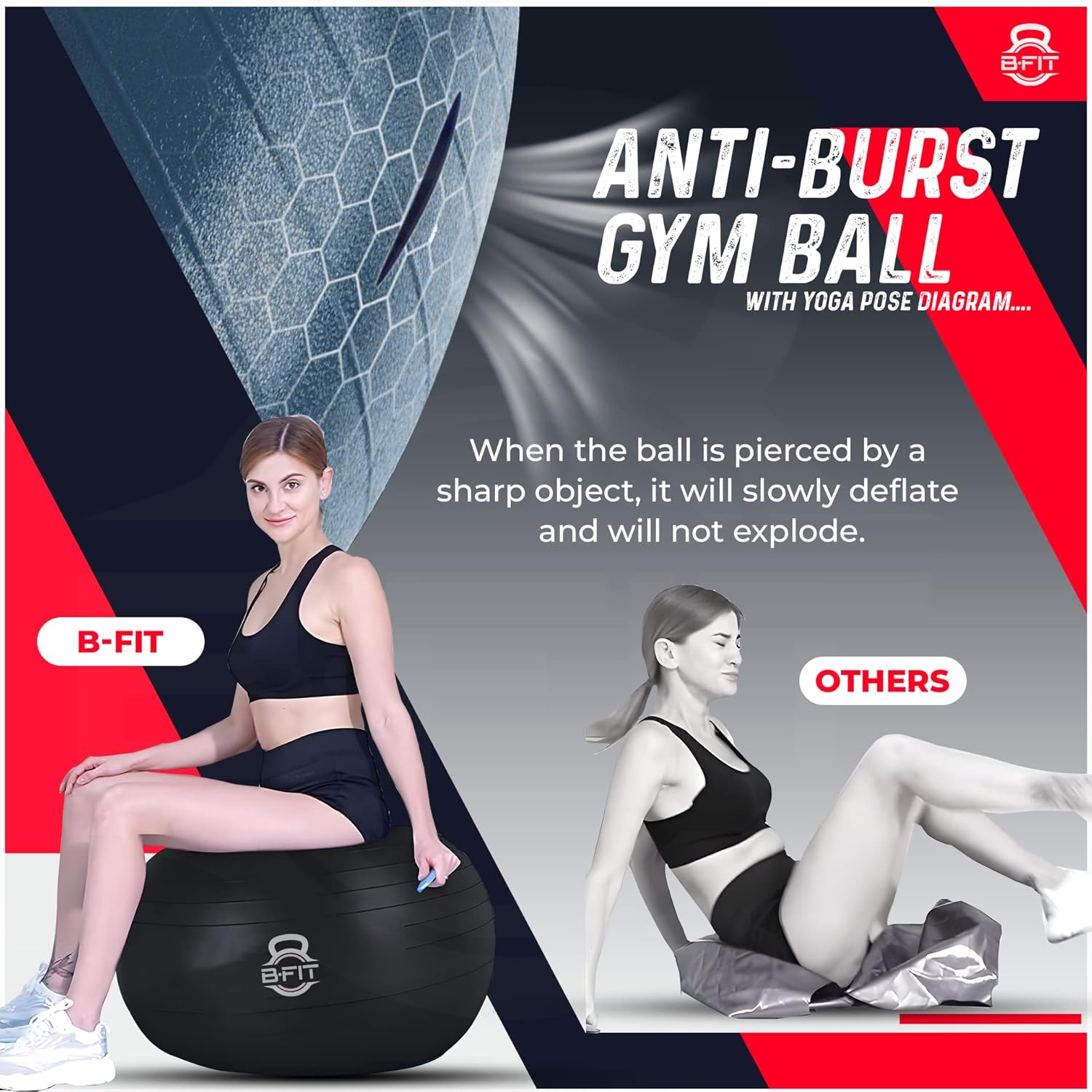 B Fit Exercise Printed Heavy Duty Black Commercial Gym Ball 55-95 Cm - Non-Slip Stability Ball - Anti Burst Yoga Ball