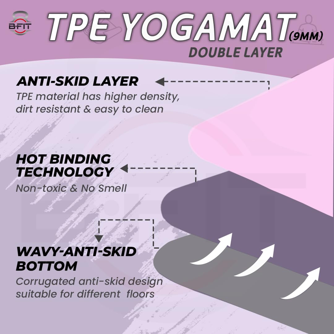 B Fit Extra Wide 36x68 Inch 9 MM Thick Premium TPE Yoga Mat with Alignment Printed Purple-Grey Color - Classic Pro Yoga Mat Eco Friendly Non Slip Fitness Exercise Mat with Smart Carry Bag-Workout Mat for Yoga Pilates and Floor Exercises