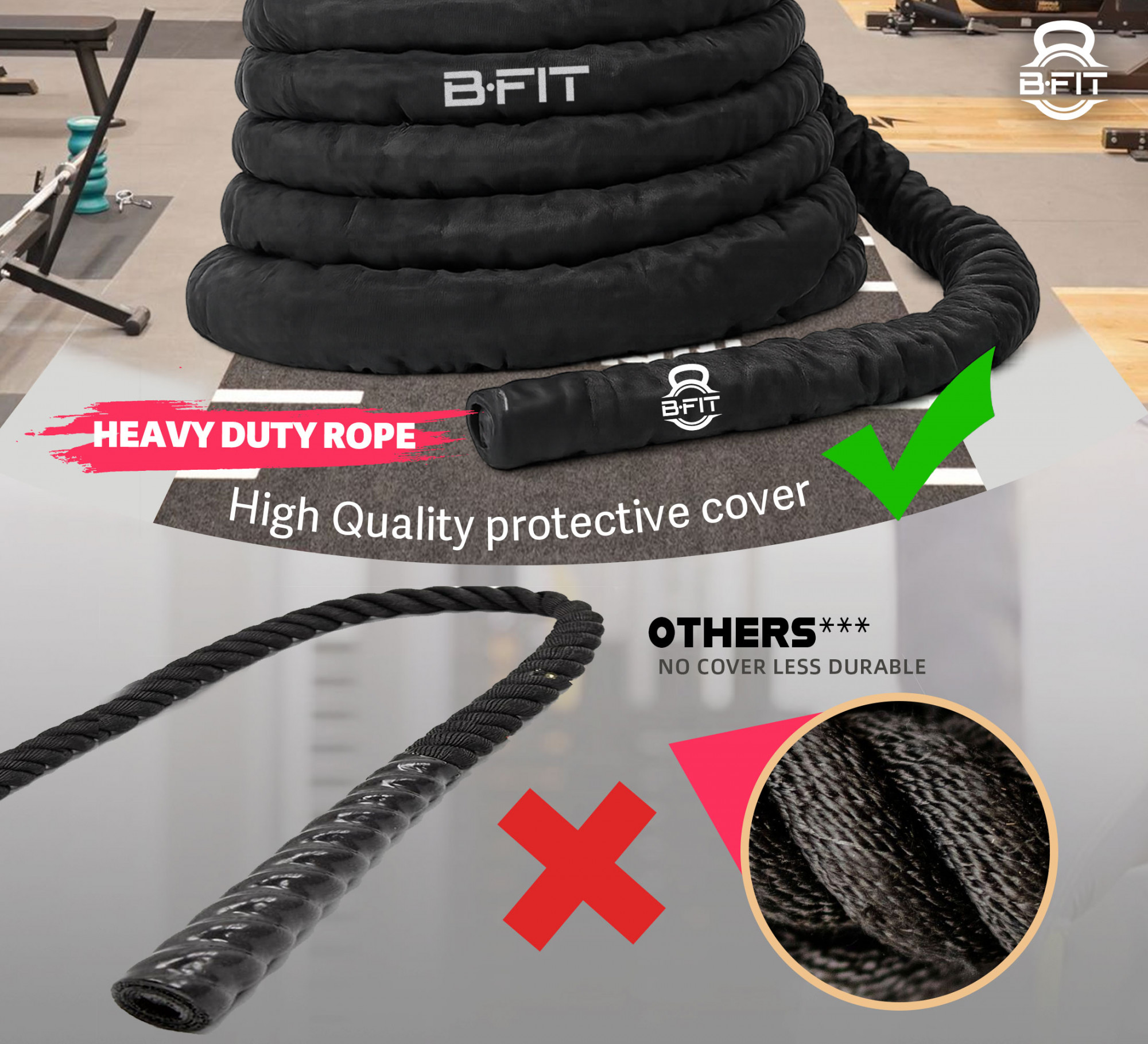 B Fit Battle Rope With Sleeves Length 33 Feet 15 Thick with Anchor Kit Full Body Workout Equipment to Lose Fat Boost Strength Fast Efficient Heavy Rope