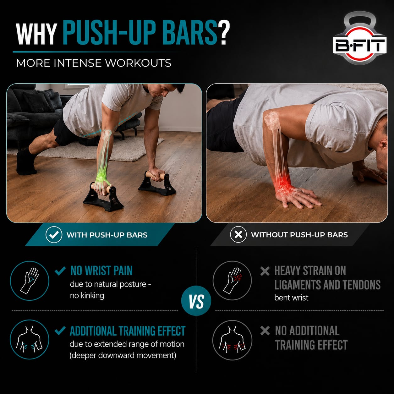B Fit Push Up Handles with Ergonomic Wooden Handles Heavy-Duty Steel - Beech Wood