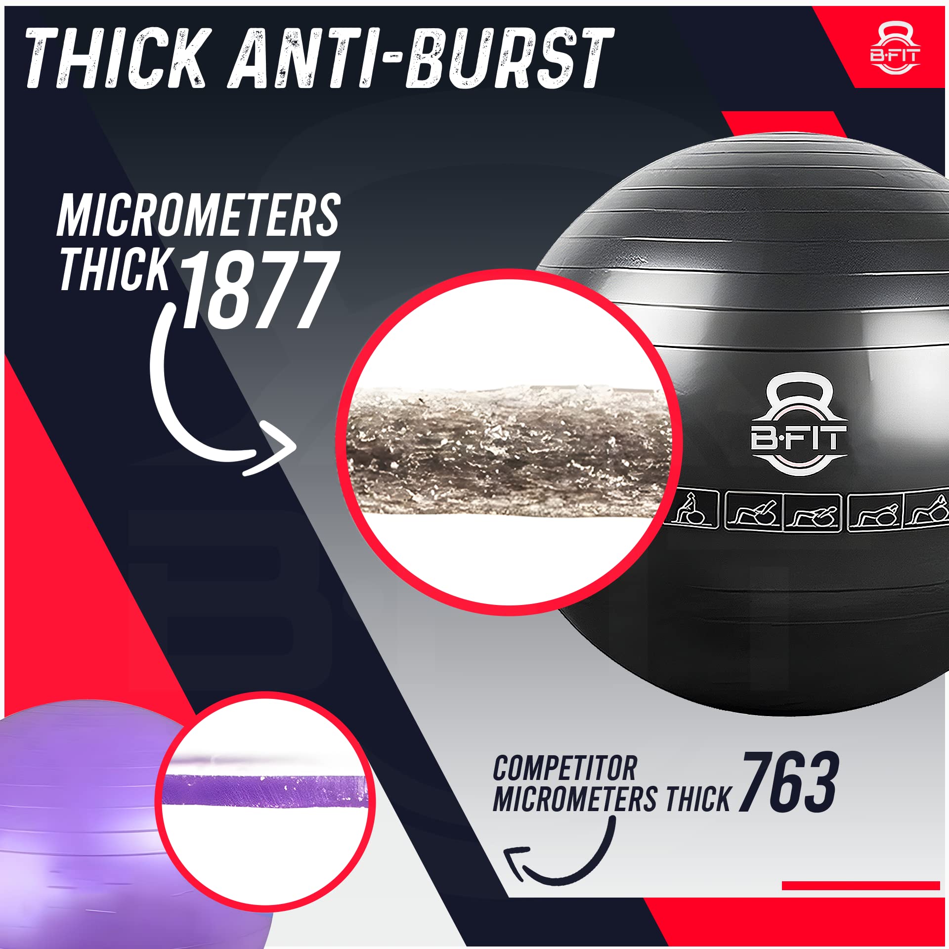 B Fit Exercise Printed Heavy Duty Black Commercial Gym Ball 55-95 Cm - Non-Slip Stability Ball - Anti Burst Yoga Ball
