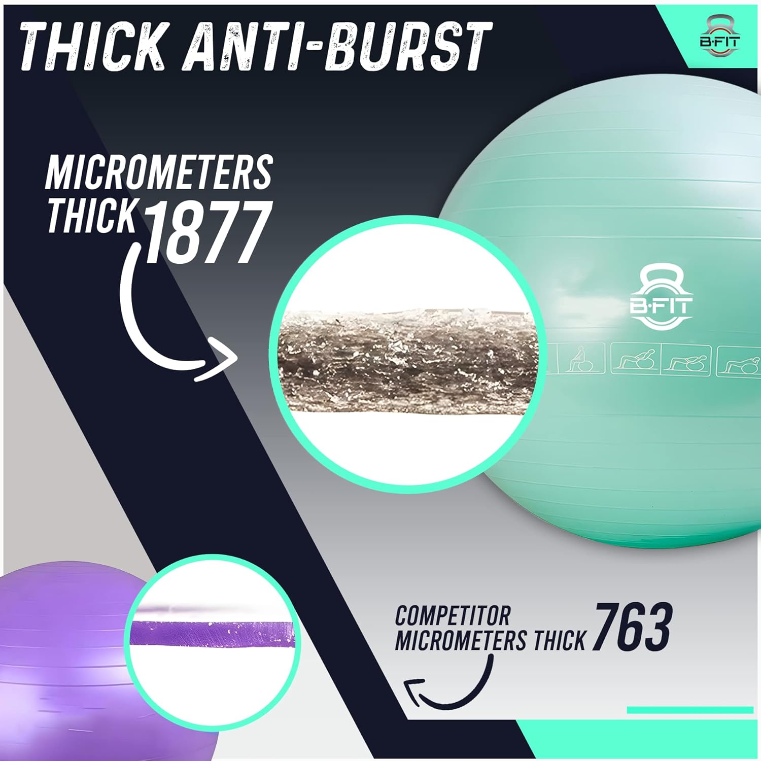 B Fit Exercise Printed Heavy Duty Teal Commercial Gym Ball 65-95 Cm- Non-Slip Stability Ball - Anti Burst Yoga Ball