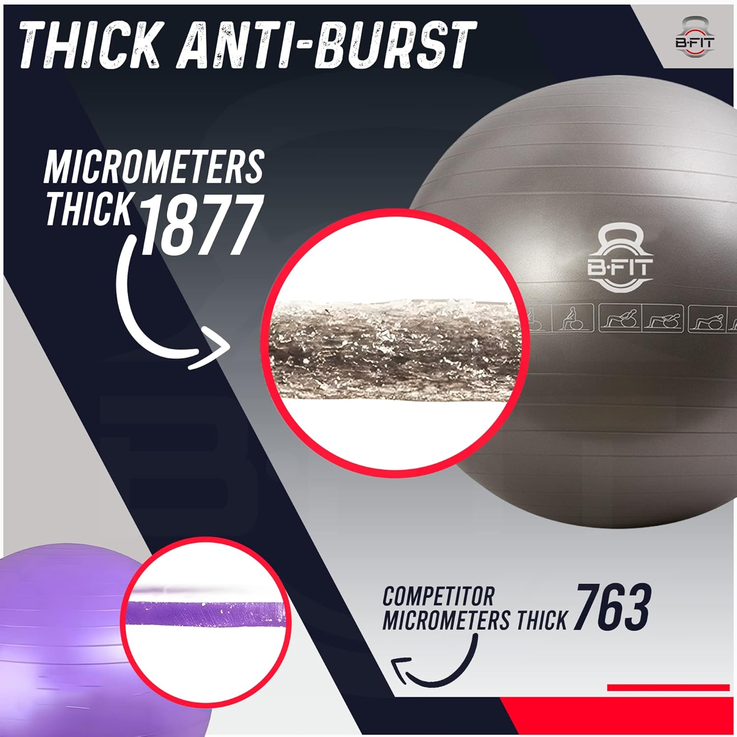 B Fit Exercise Printed Heavy Duty Silver Commercial Gym Ball 55-95 Cm - Non-Slip Stability Ball - Anti Burst Yoga Ball