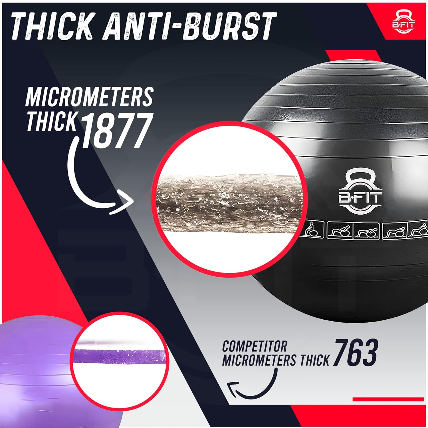B Fit Exercise Printed Heavy Duty Black Commercial Gym Ball 55-95 Cm - Non-Slip Stability Ball - Anti Burst Yoga Ball