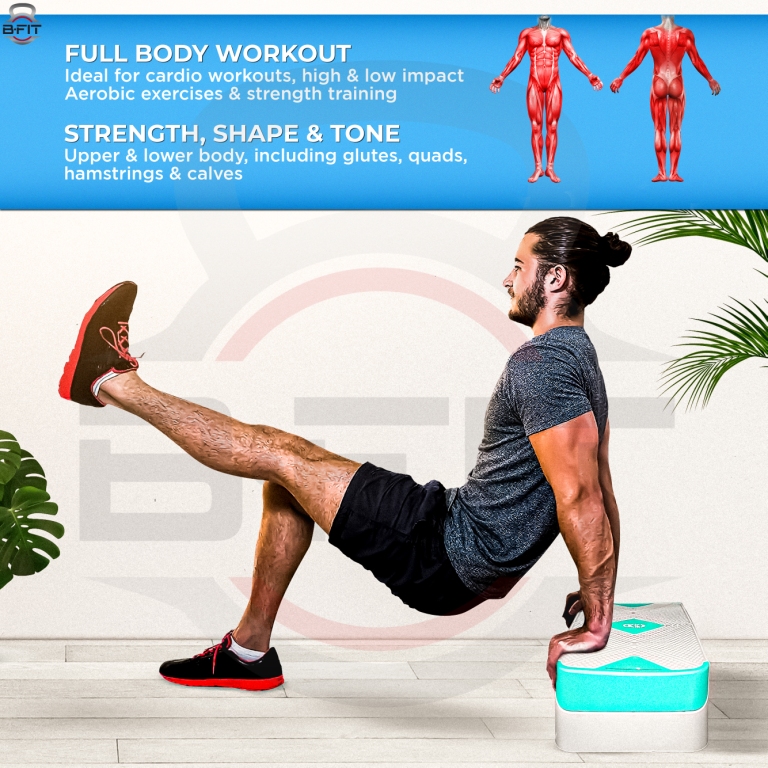 B Fit 2-in-1 Adjustable Aerobic Step Platform Fitness Exercise Stepper with Rocker Balance Board Legs for Home Workout Step Exercise Balance Training