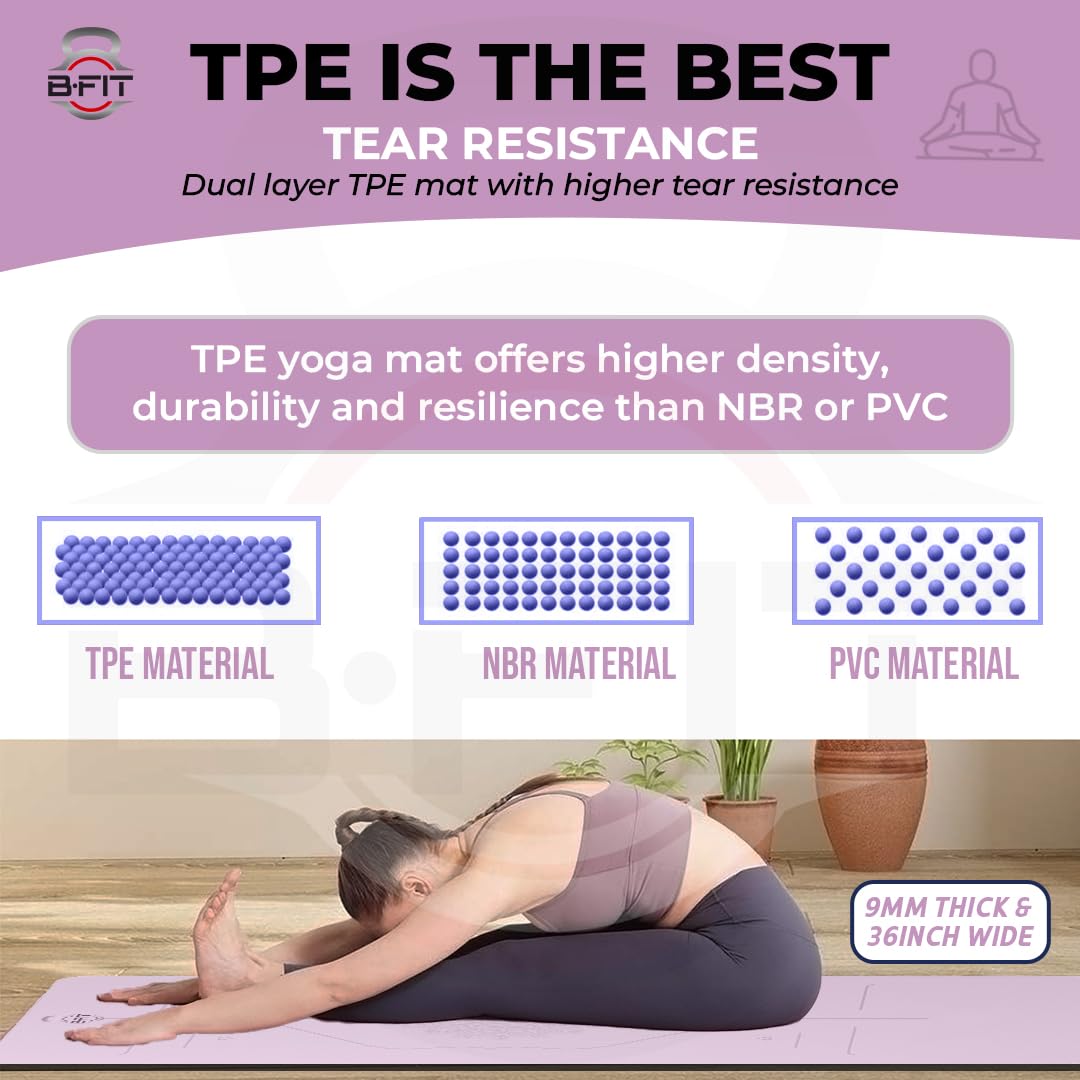 B Fit Extra Wide 36x68 Inch 9 MM Thick Premium TPE Yoga Mat with Alignment Printed Purple-Grey Color - Classic Pro Yoga Mat Eco Friendly Non Slip Fitness Exercise Mat with Smart Carry Bag-Workout Mat for Yoga Pilates and Floor Exercises