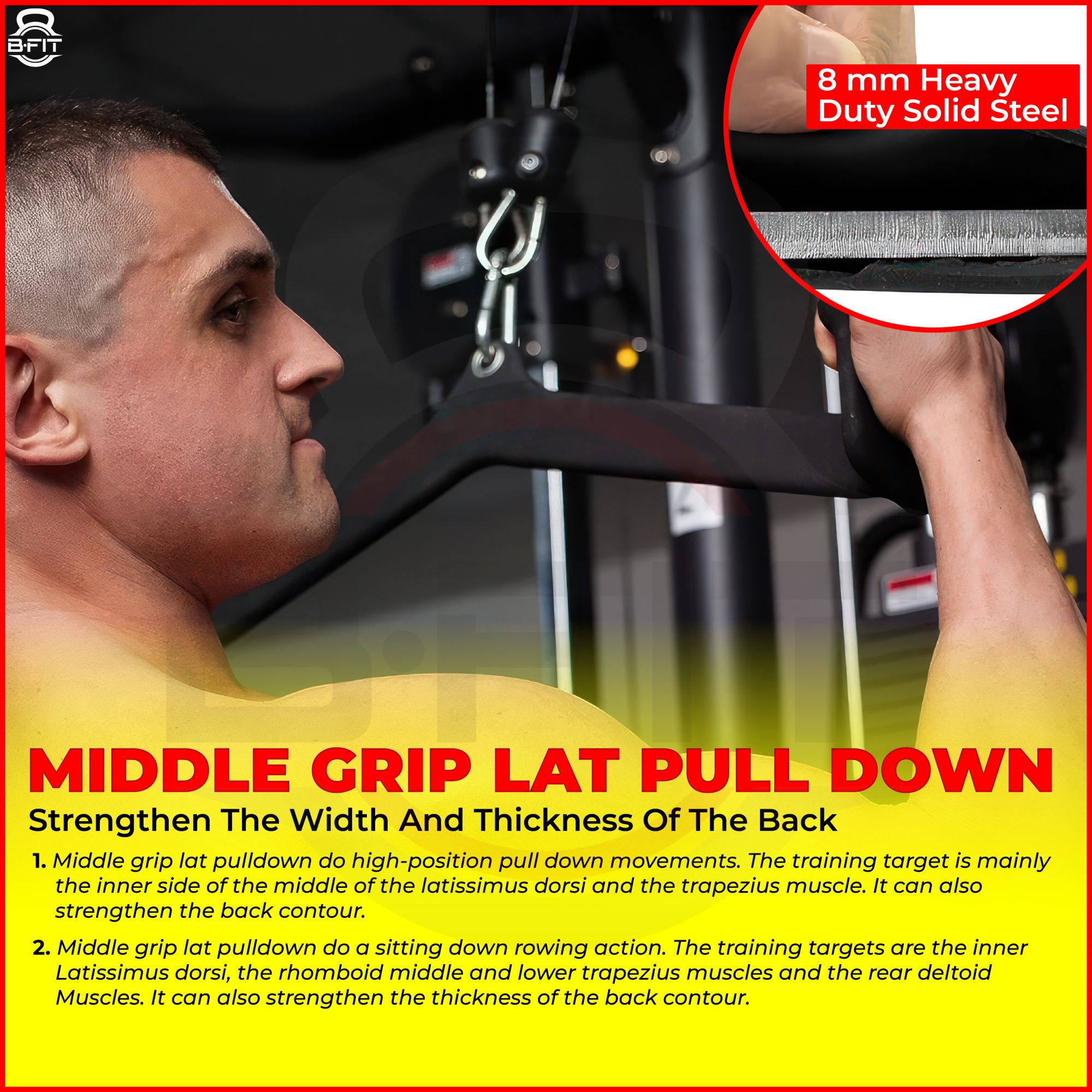 B Fit Mag Grip Set of 5 LAT Pull Down Bar for Cable Machine LAT Pulldown Attachments T Bar V Bar Cable Attachment Back Tricep Bar Strength Training Handle