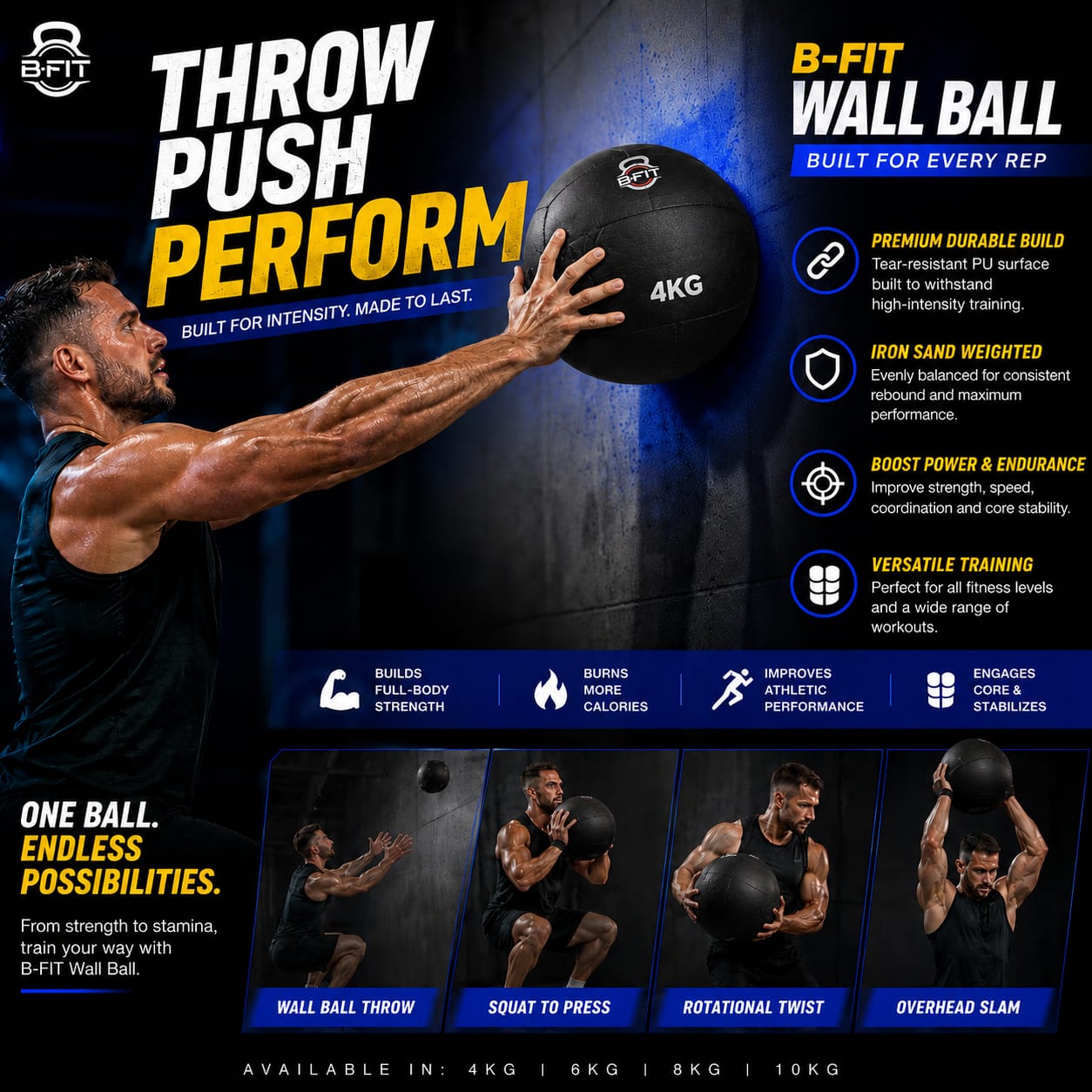 B fit Wall Ball 8 Kg Weighted Exercise Ball for Dynamic Home Gym HIIT Workouts Build Strength Power Endurance Cardio Fitness Soft Leather Heavy Duty Material Comfortable Grip Balanced Weight