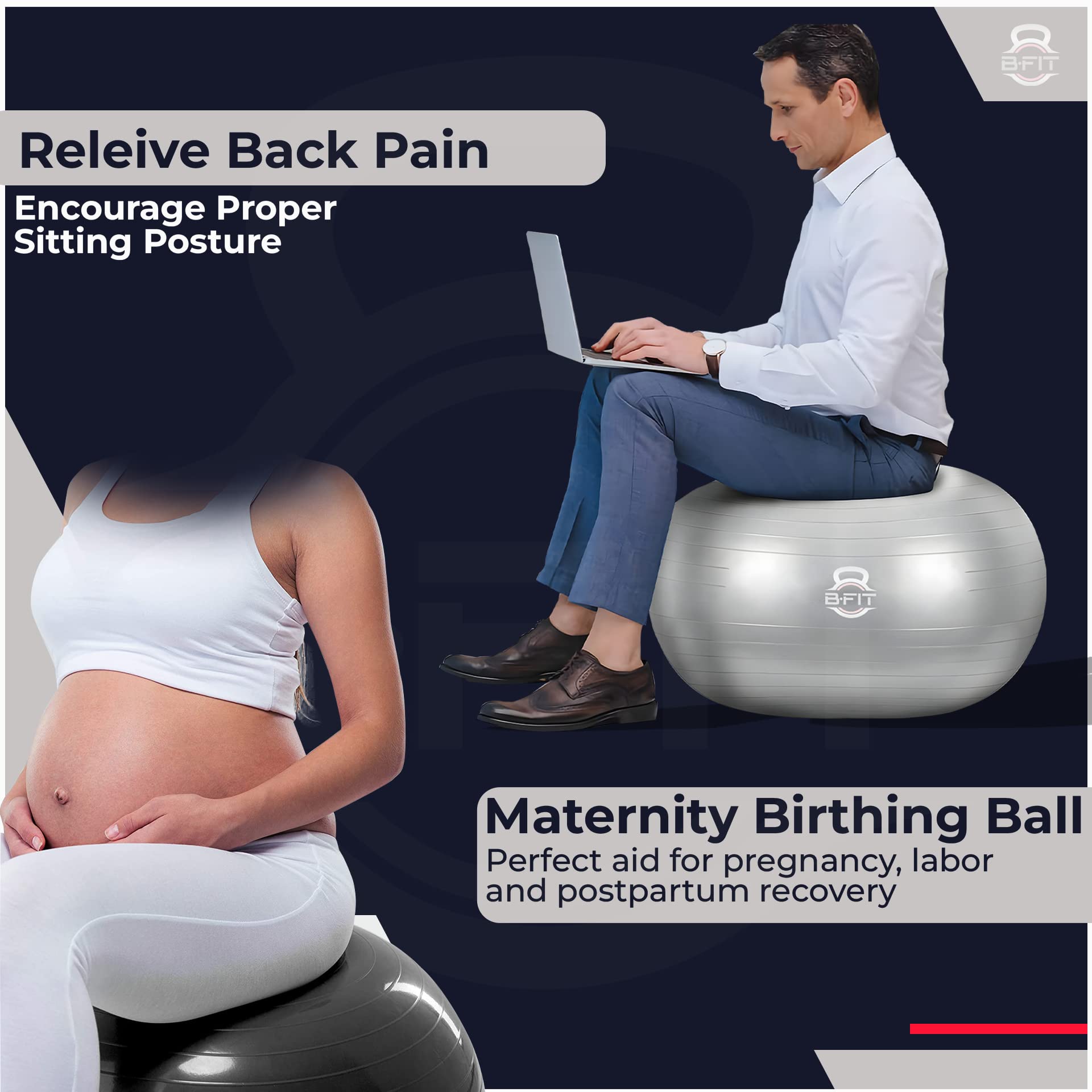 B Fit Exercise Printed Heavy Duty Black Commercial Gym Ball 55-95 Cm - Non-Slip Stability Ball - Anti Burst Yoga Ball