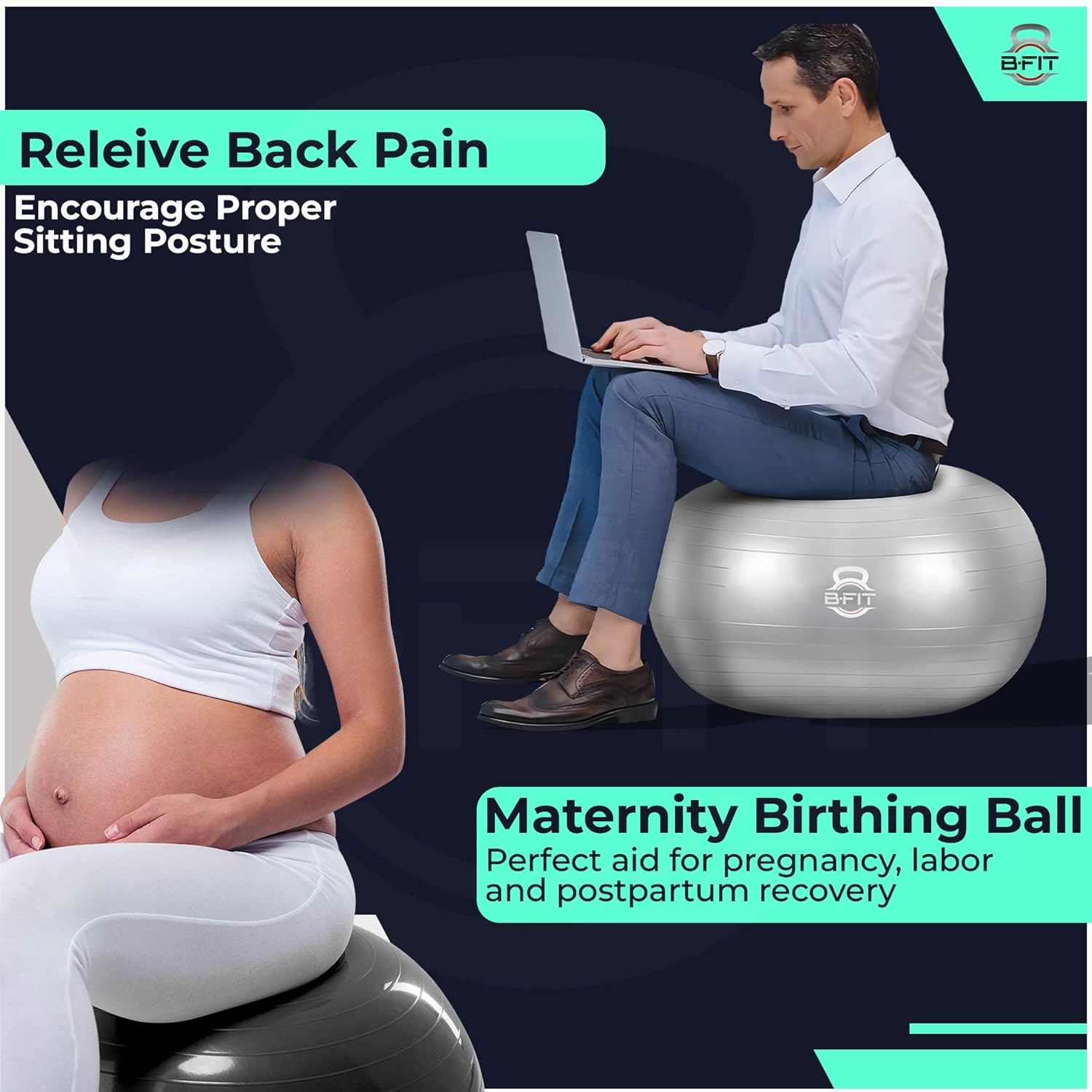 B Fit Exercise Printed Heavy Duty Teal Commercial Gym Ball 65-95 Cm- Non-Slip Stability Ball - Anti Burst Yoga Ball