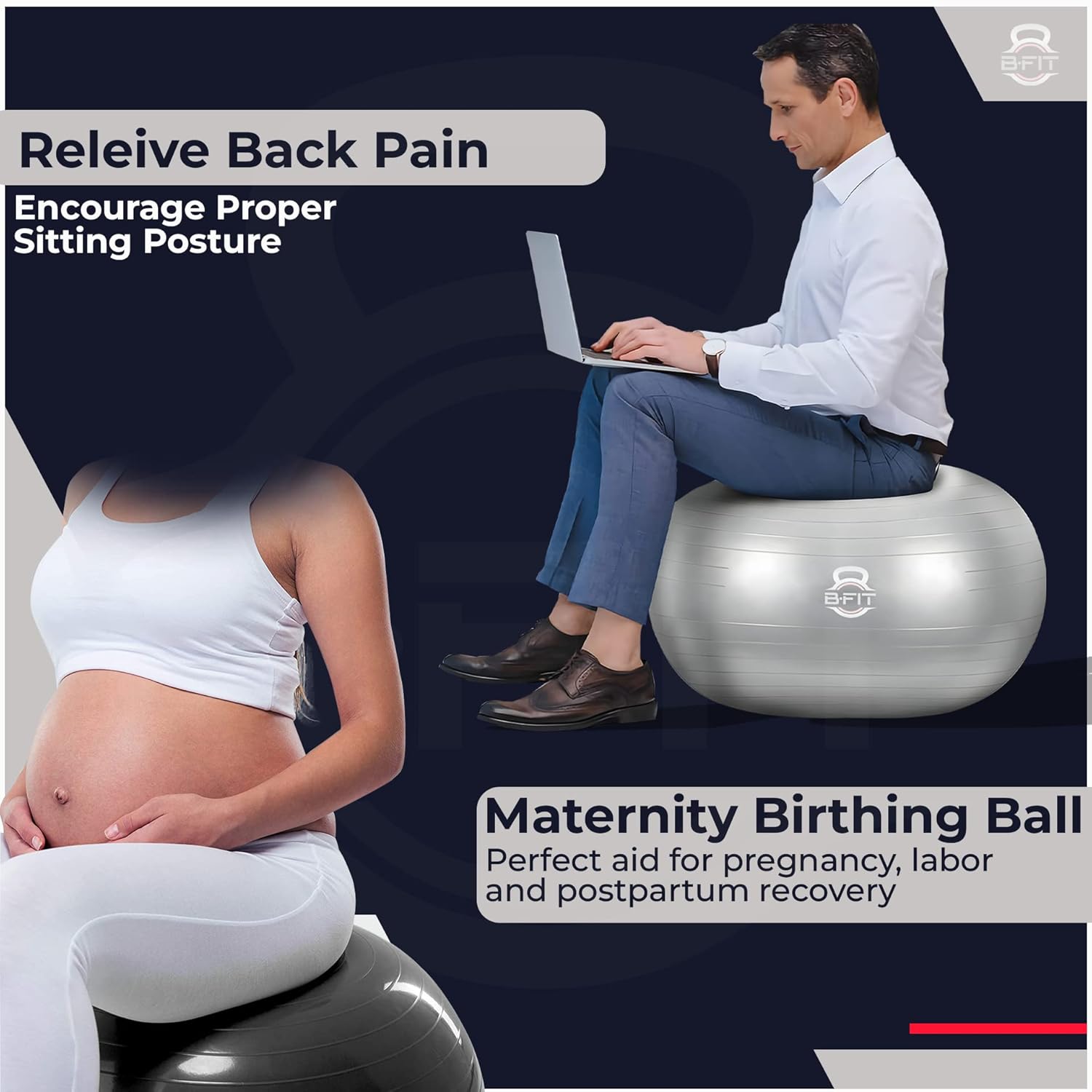 B Fit Exercise Printed Heavy Duty Silver Commercial Gym Ball 55-95 Cm - Non-Slip Stability Ball - Anti Burst Yoga Ball