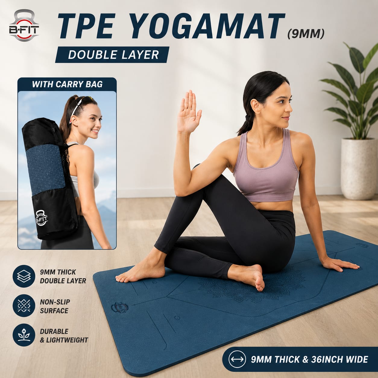 B Fit Extra Wide 36x68 Inch 9 MM Thick Premium TPE Yoga Mat with Alignment Printed Dark Blue -Black Color - Classic Pro Yoga Mat Eco Friendly Non Slip Fitness Exercise Mat with Smart Carry Bag-Workout Mat for Yoga Pilates and Floor Exercises
