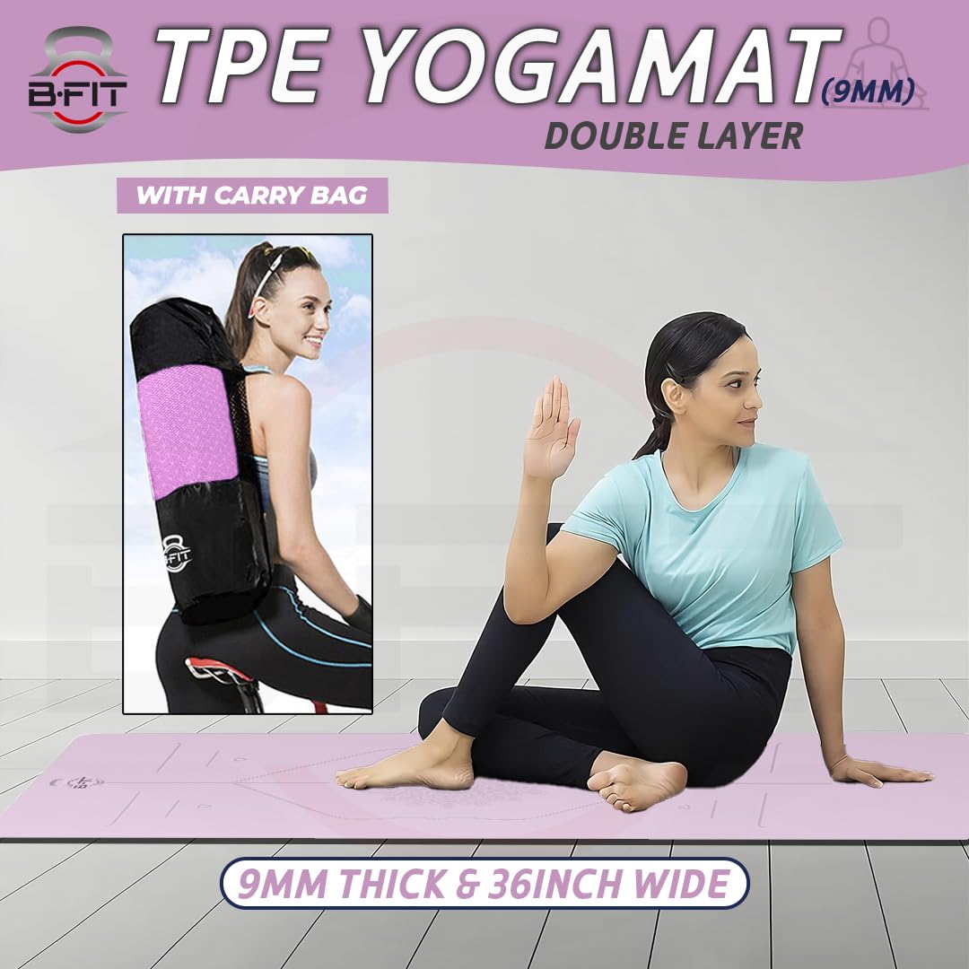 B Fit Extra Wide 36x68 Inch 9 MM Thick Premium TPE Yoga Mat with Alignment Printed Purple-Grey Color - Classic Pro Yoga Mat Eco Friendly Non Slip Fitness Exercise Mat with Smart Carry Bag-Workout Mat for Yoga Pilates and Floor Exercises