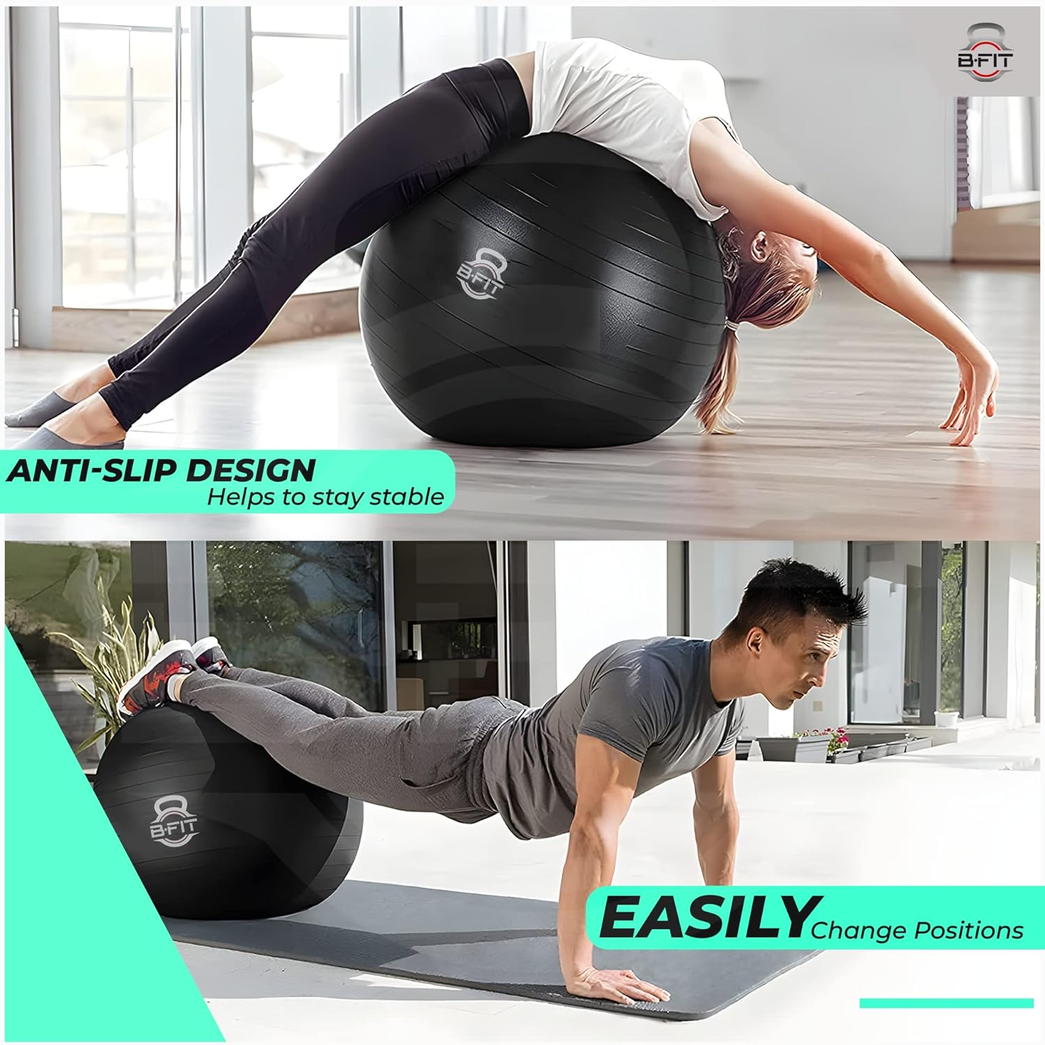B Fit Exercise Printed Heavy Duty Teal Commercial Gym Ball 65-95 Cm- Non-Slip Stability Ball - Anti Burst Yoga Ball
