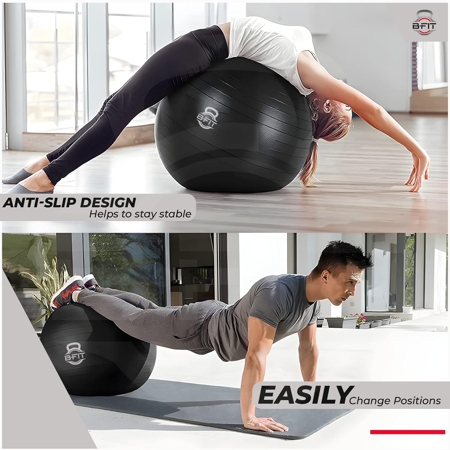 B Fit Exercise Printed Heavy Duty Silver Commercial Gym Ball 55-95 Cm - Non-Slip Stability Ball - Anti Burst Yoga Ball