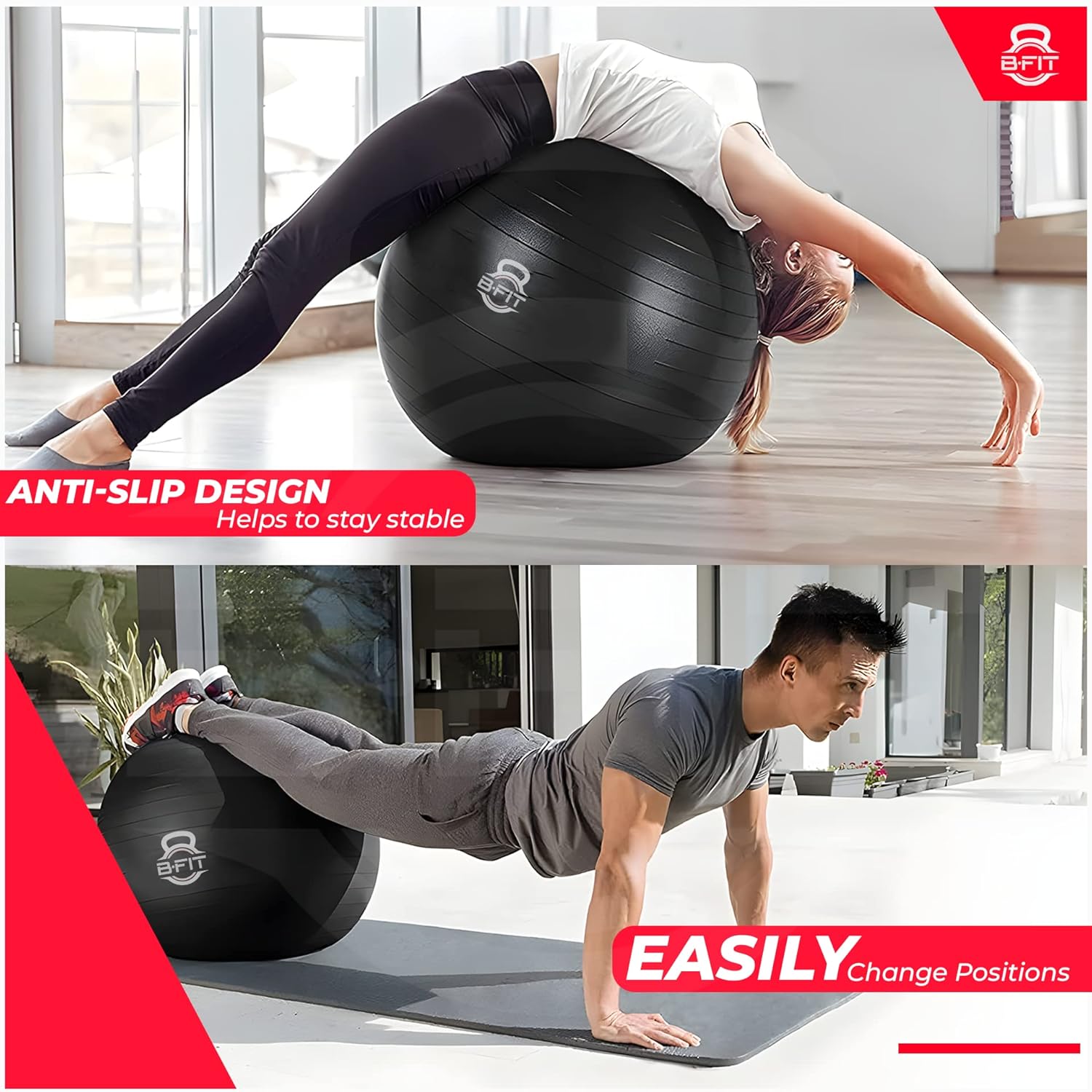 B Fit Exercise Printed Heavy Duty Black Commercial Gym Ball 55-95 Cm - Non-Slip Stability Ball - Anti Burst Yoga Ball