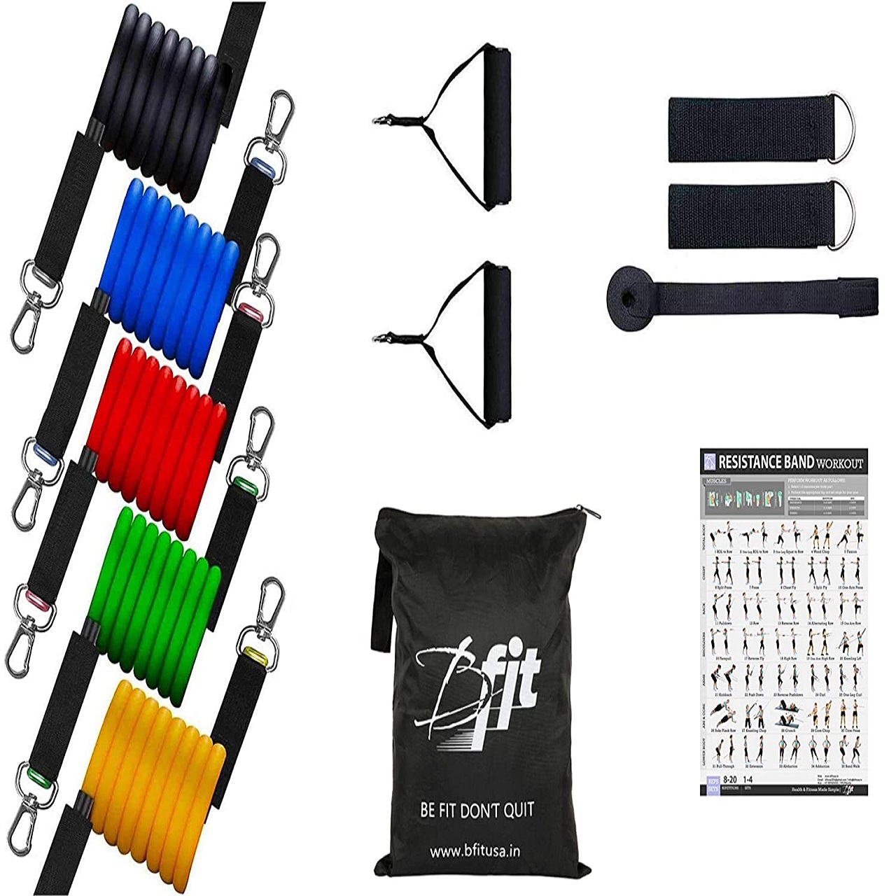 B FIT 11 Pcs Resistance Bands SetExercise Bands TPE Material Includes 5 Exercise Tubes1 Door Anchor2 Ankle Straps2 Handles 1 Bag