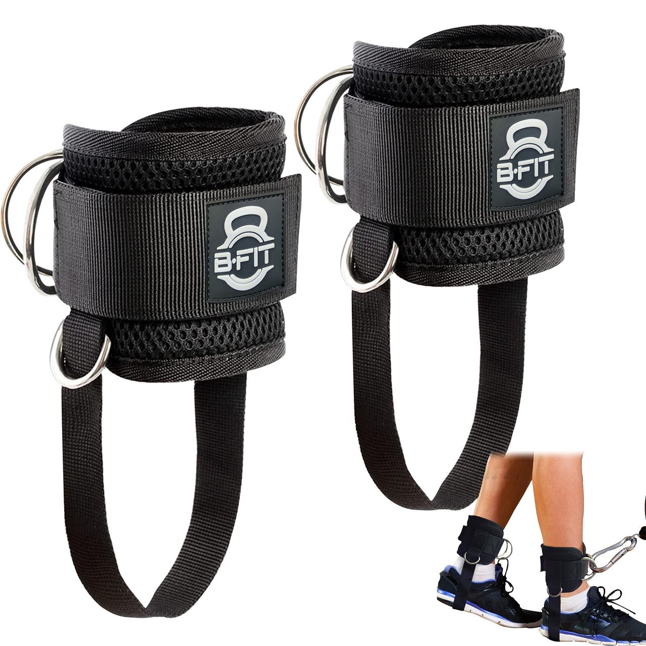 B Fit Ankle Strap for Cable Machine Pair Adjustable Comfort fit Neoprene and Reinforce 4 D-Rings Upgraded Ankle Strap Gym Cable Attachment for Glute Kickbacks Lower Body Exercises