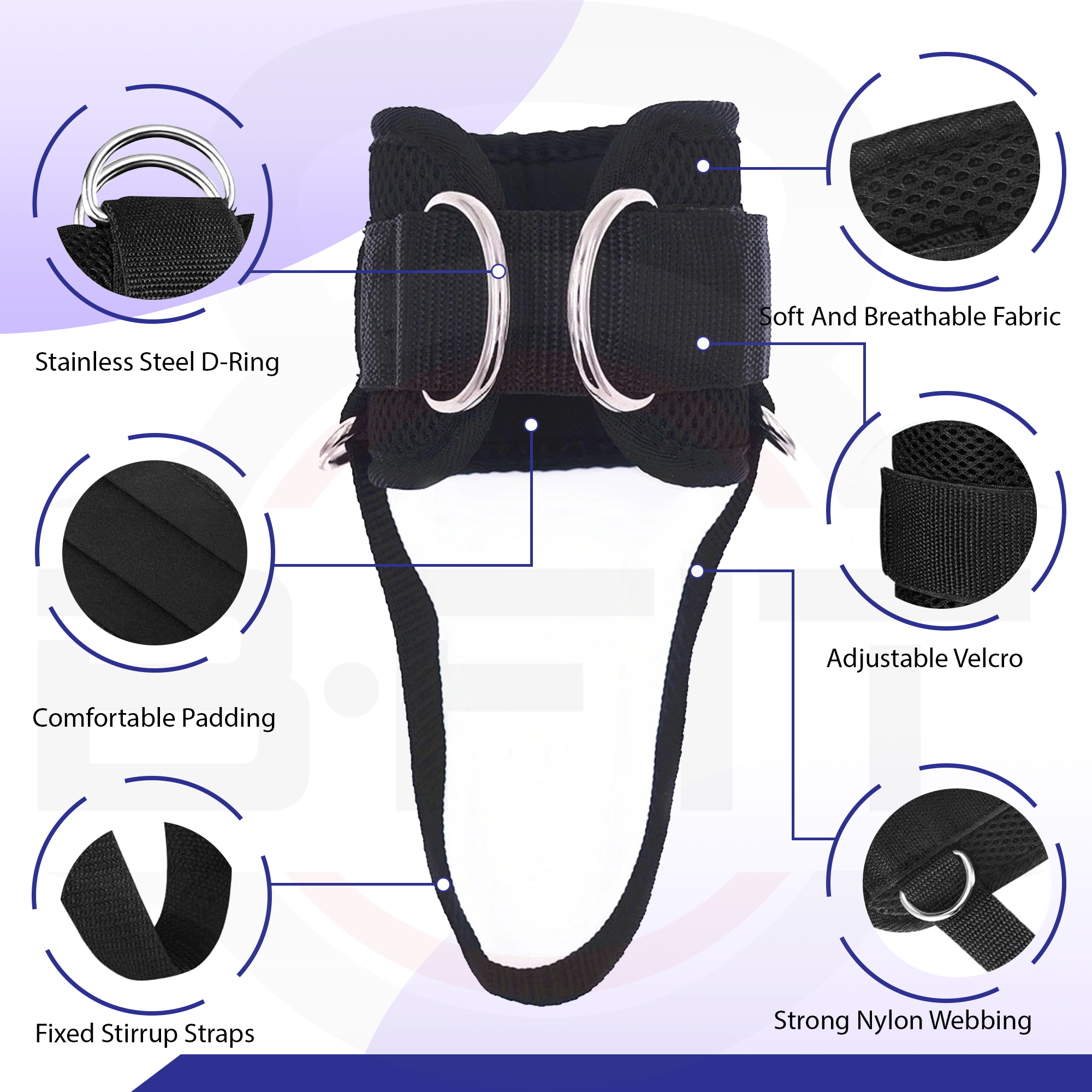 B Fit Ankle Strap for Cable Machine Pair Adjustable Comfort fit Neoprene and Reinforce 4 D-Rings Upgraded Ankle Strap Gym Cable Attachment for Glute Kickbacks Lower Body Exercises