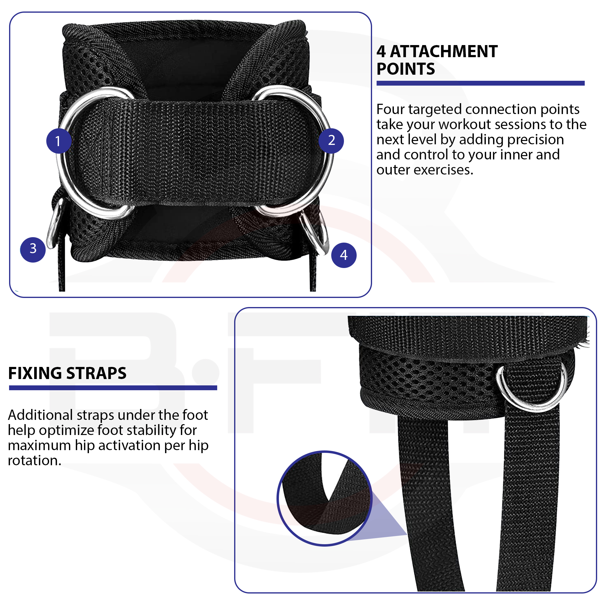B Fit Ankle Strap for Cable Machine Pair Adjustable Comfort fit Neoprene and Reinforce 4 D-Rings Upgraded Ankle Strap Gym Cable Attachment for Glute Kickbacks Lower Body Exercises