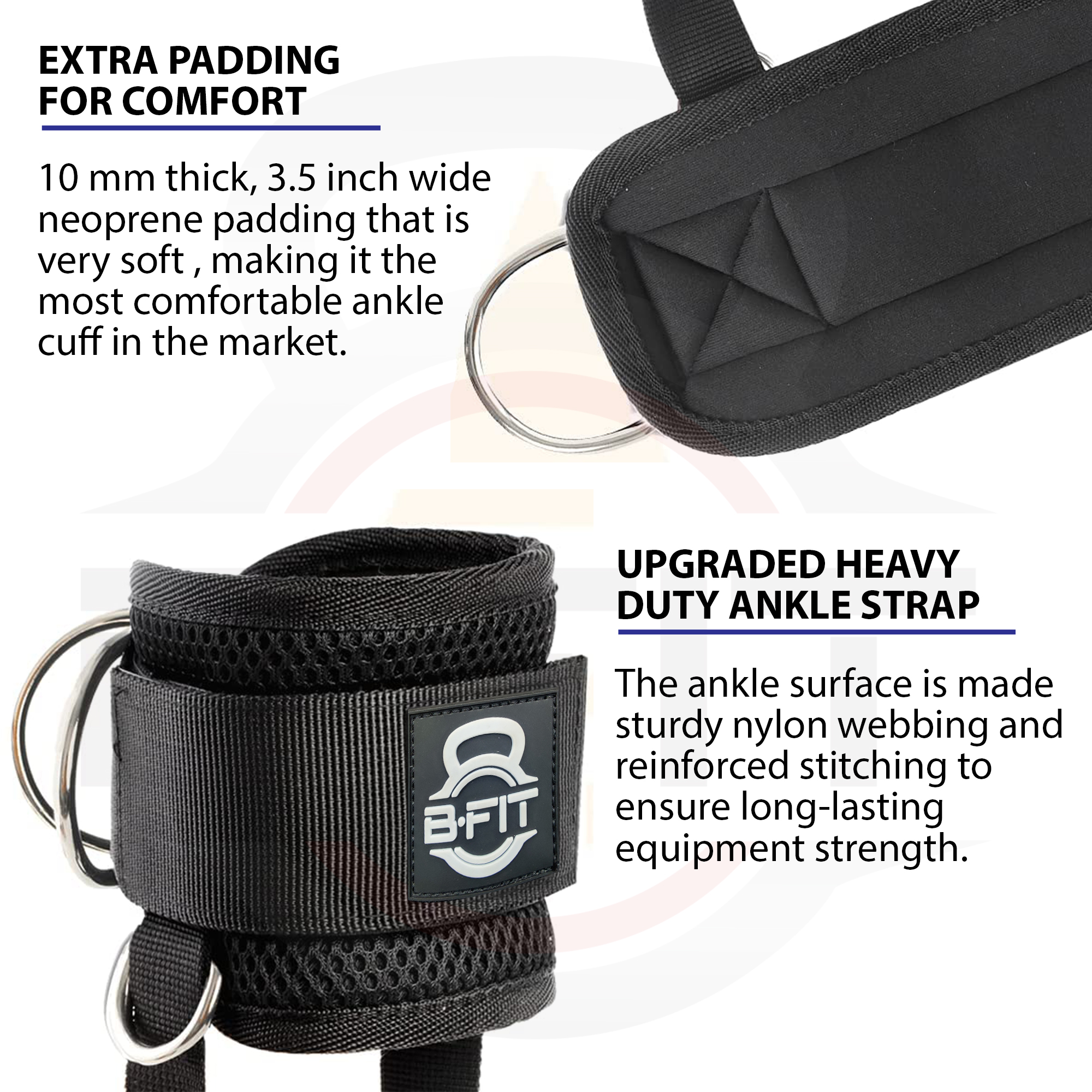 B Fit Ankle Strap for Cable Machine Pair Adjustable Comfort fit Neoprene and Reinforce 4 D-Rings Upgraded Ankle Strap Gym Cable Attachment for Glute Kickbacks Lower Body Exercises