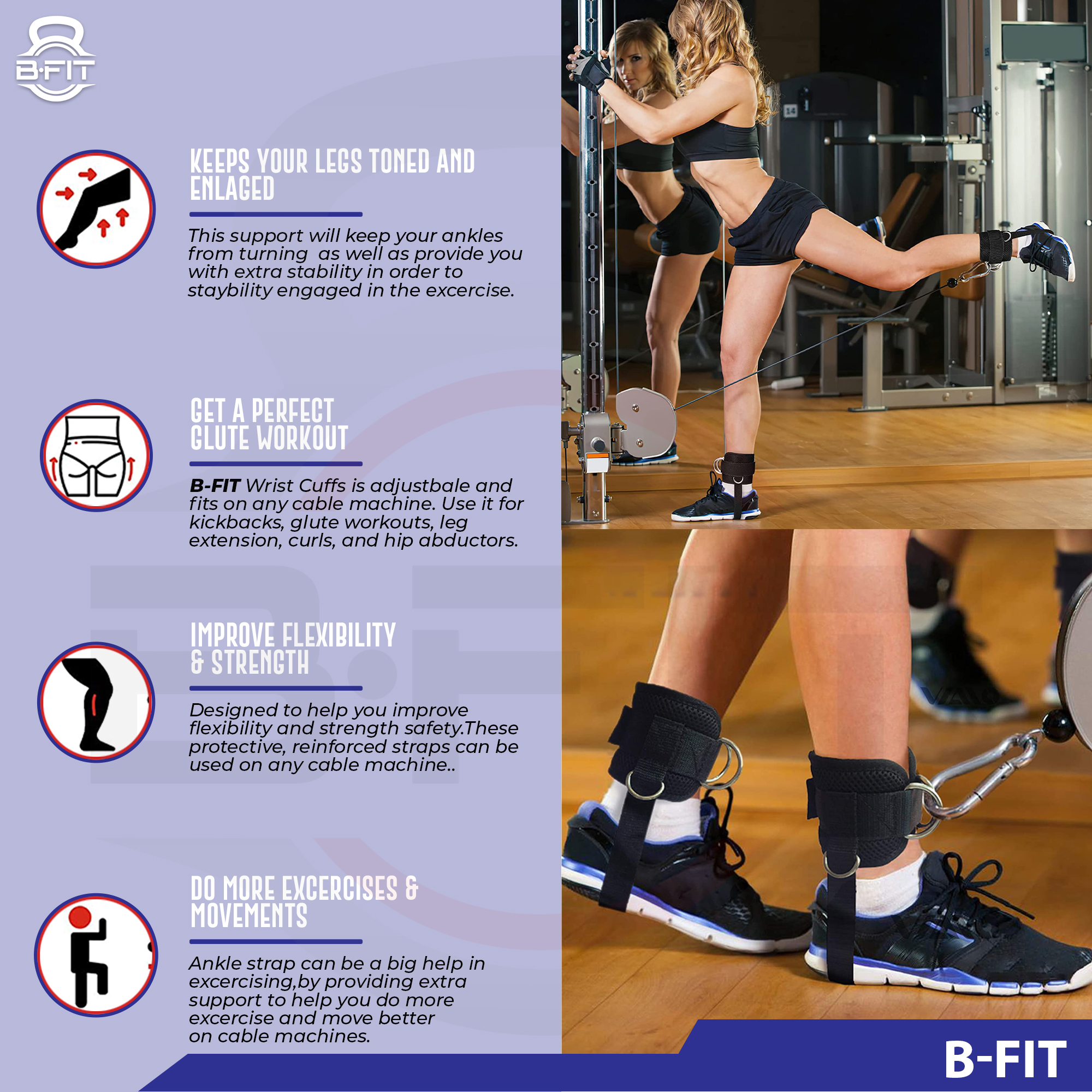 B Fit Ankle Strap for Cable Machine Pair Adjustable Comfort fit Neoprene and Reinforce 4 D-Rings Upgraded Ankle Strap Gym Cable Attachment for Glute Kickbacks Lower Body Exercises