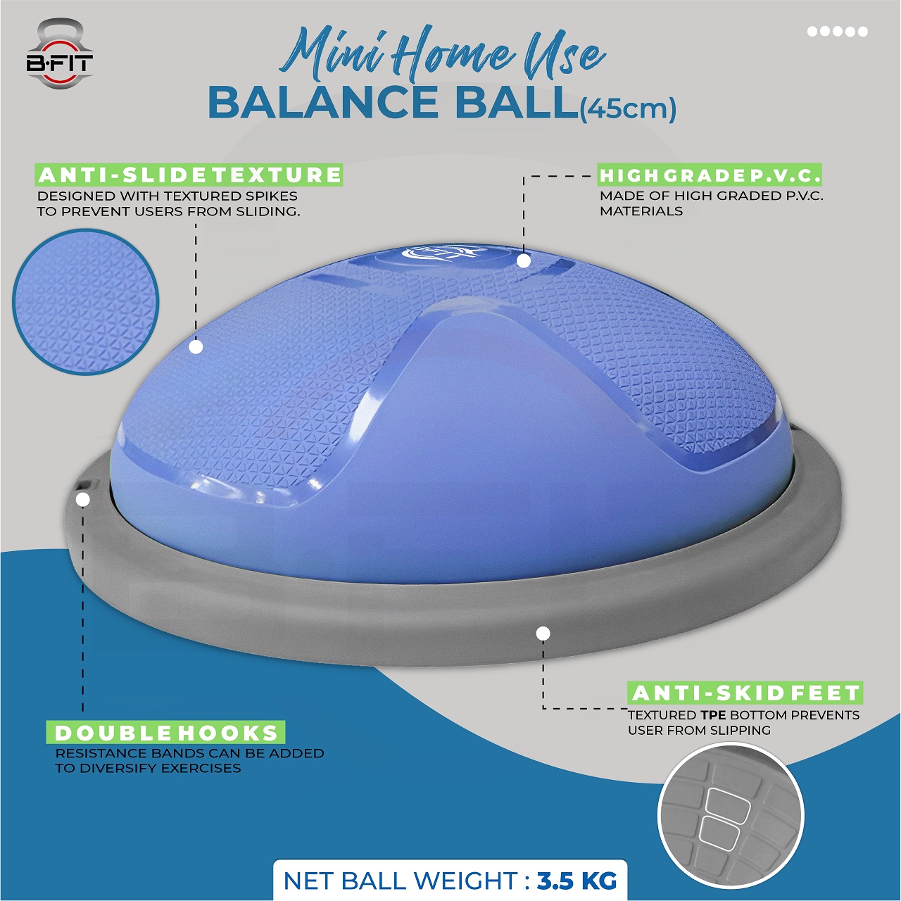 B FIT Balance Trainer Stability Half Ball with Pump - Improve Core and Ab Strength With Full Body Home Gym Workouts Or Fitness Training