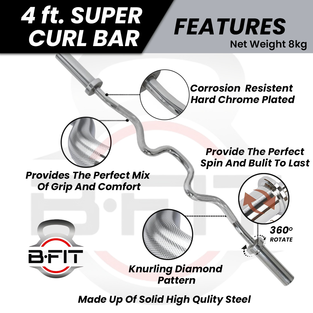 B Fit Barbell 48-Inch Olympic Super Curl Bar EZ Bar for 2-Inch Weight Plates with Premium Collars Pair