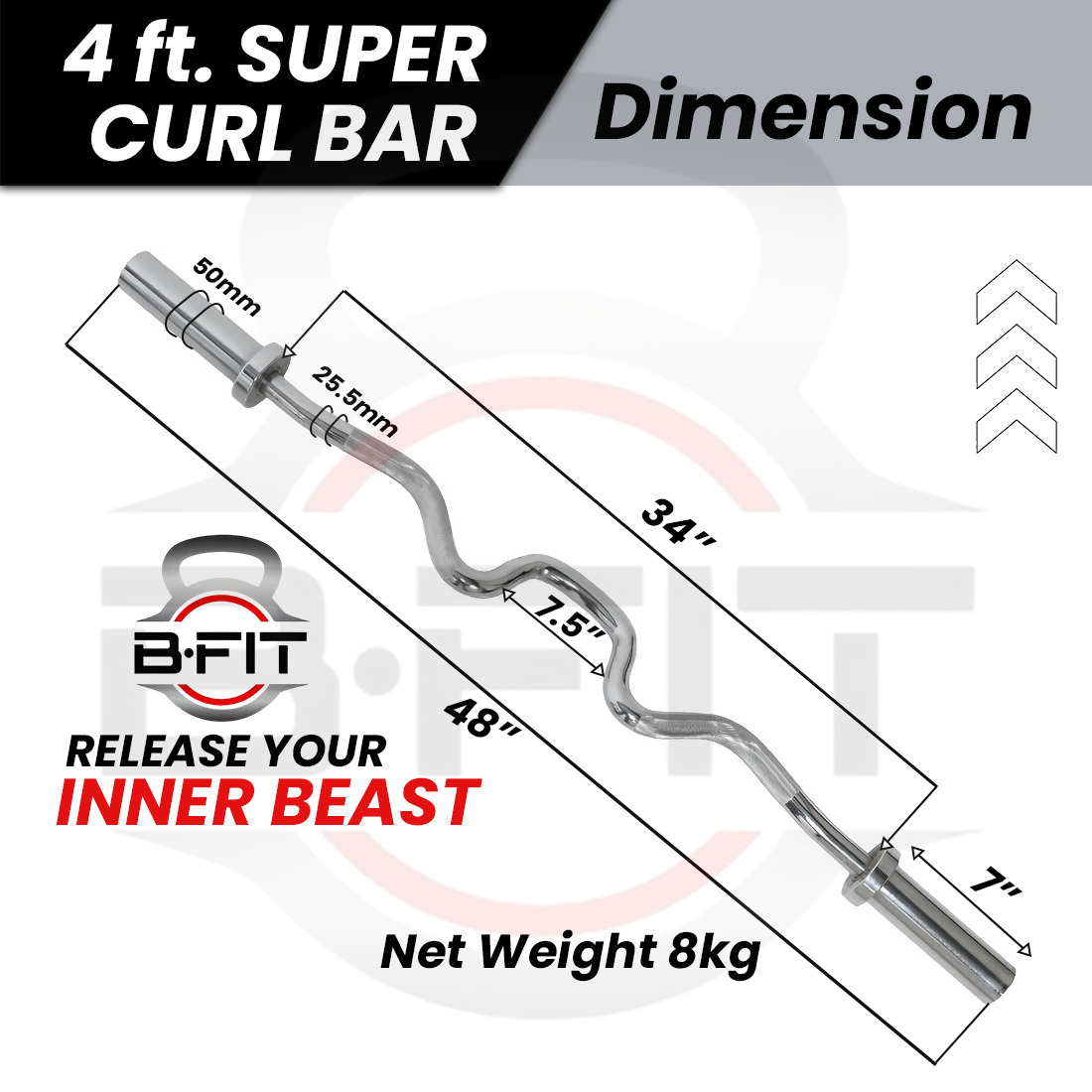 B Fit Barbell 48-Inch Olympic Super Curl Bar EZ Bar for 2-Inch Weight Plates with Premium Collars Pair